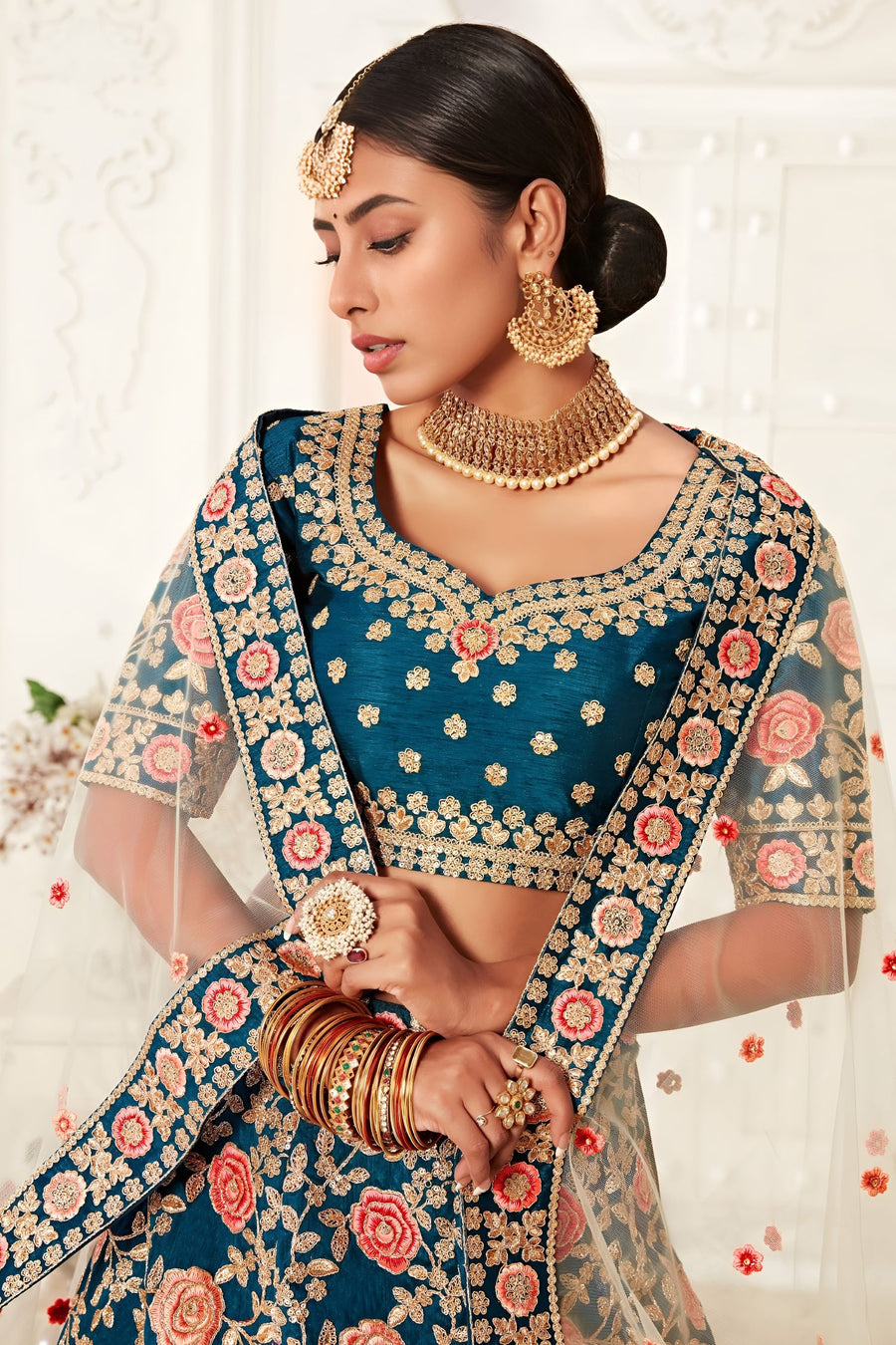 Teal Slub Silk Chaniya Choli with Zari and Sequins Embroidery