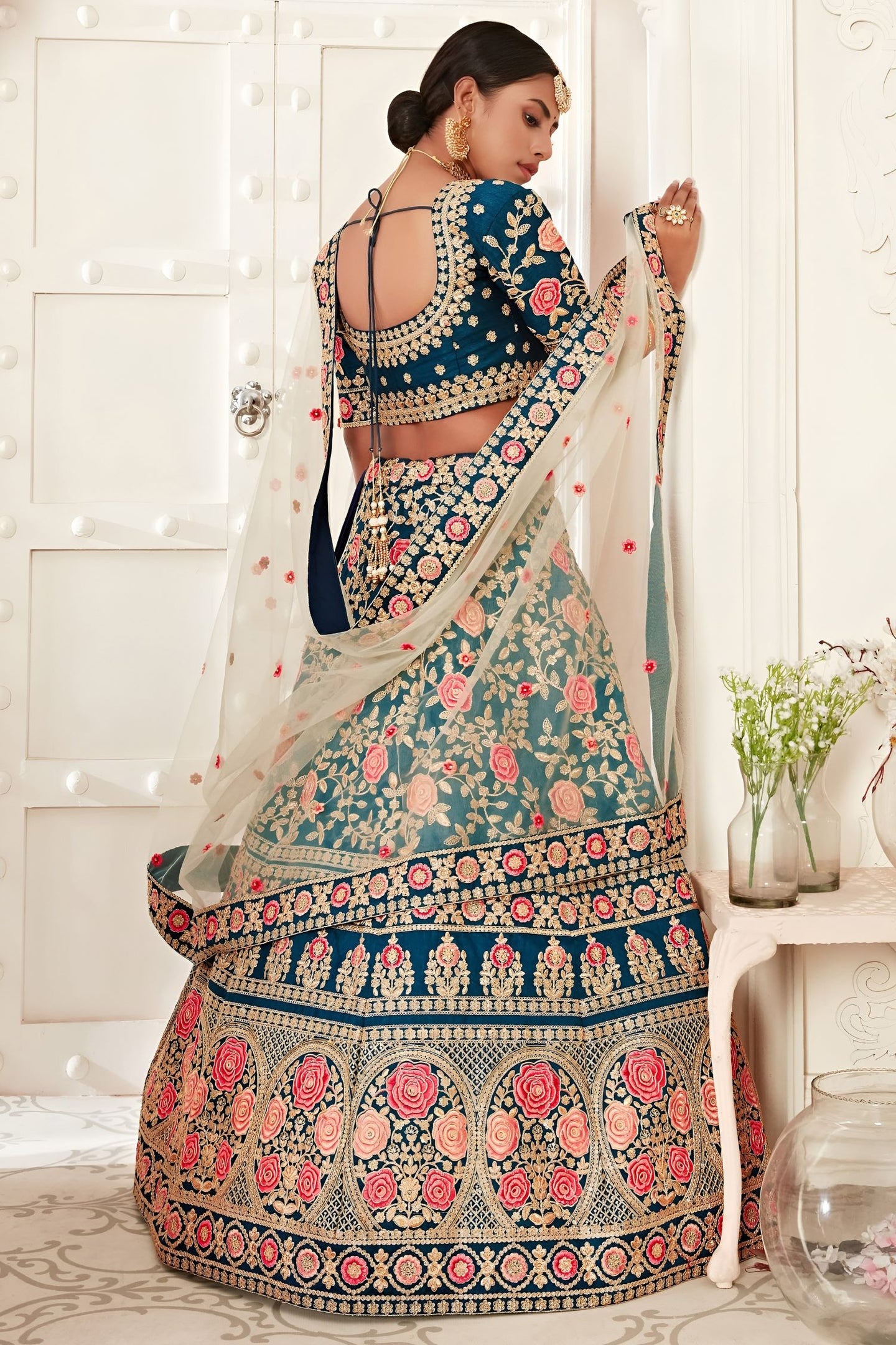 Teal Slub Silk Chaniya Choli with Zari and Sequins Embroidery