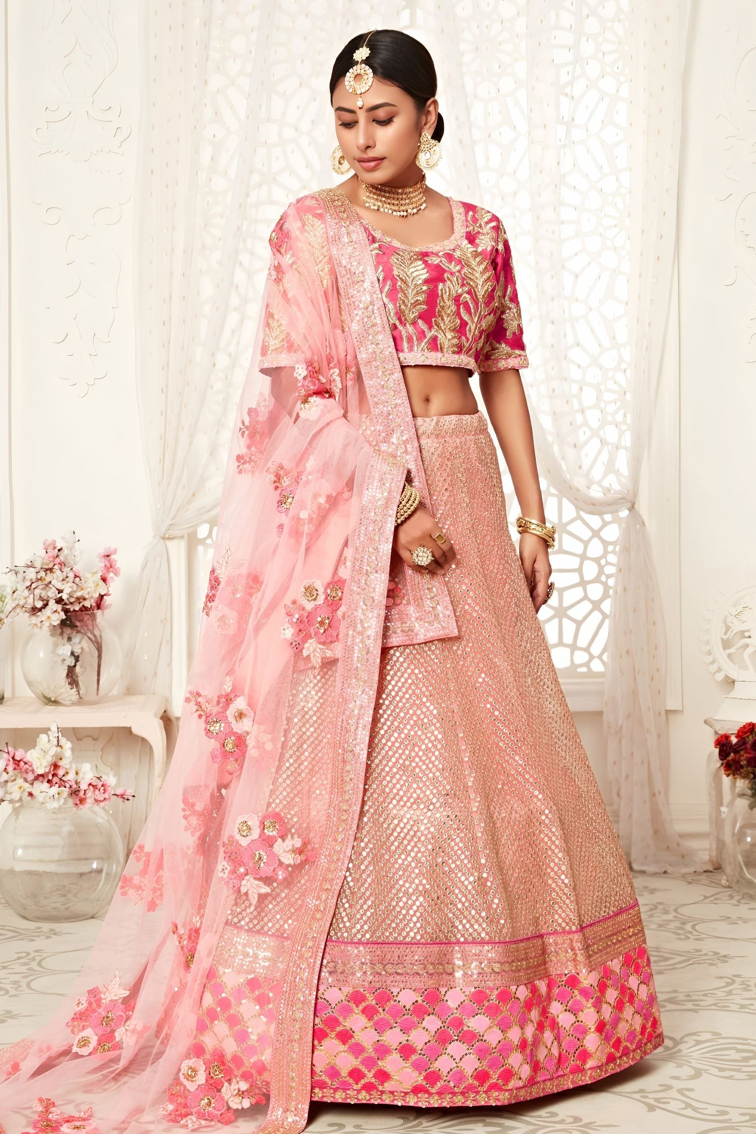 Rose Slub Silk Zari Lehenga Choli with Thread and Sequins Work