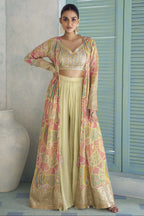 Beige designer palazzo suit shown from another angle, highlighting the jacket's flowing silhouette.