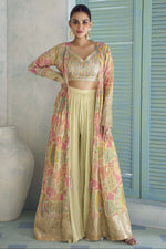 Beige Palazzo Suit with Embroidered Blouse and Jacket