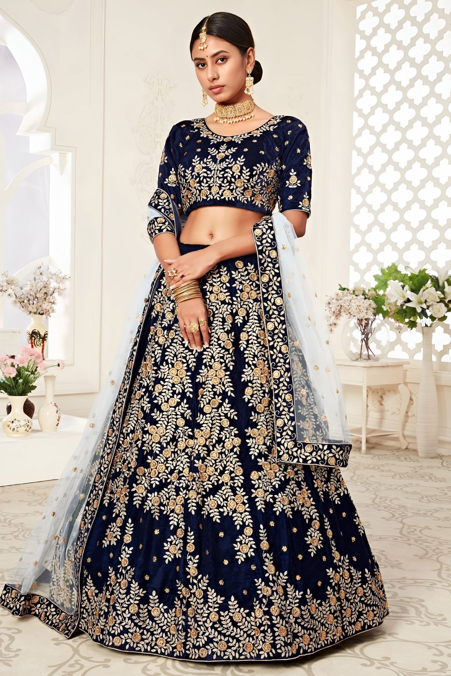 Navy Blue Velvet Ghagra Choli with Zari and Thread Work