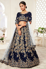 Navy Blue Velvet Ghagra Choli with Zari and Thread Work