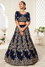 Navy Blue Velvet Ghagra Choli with Zari and Thread Work