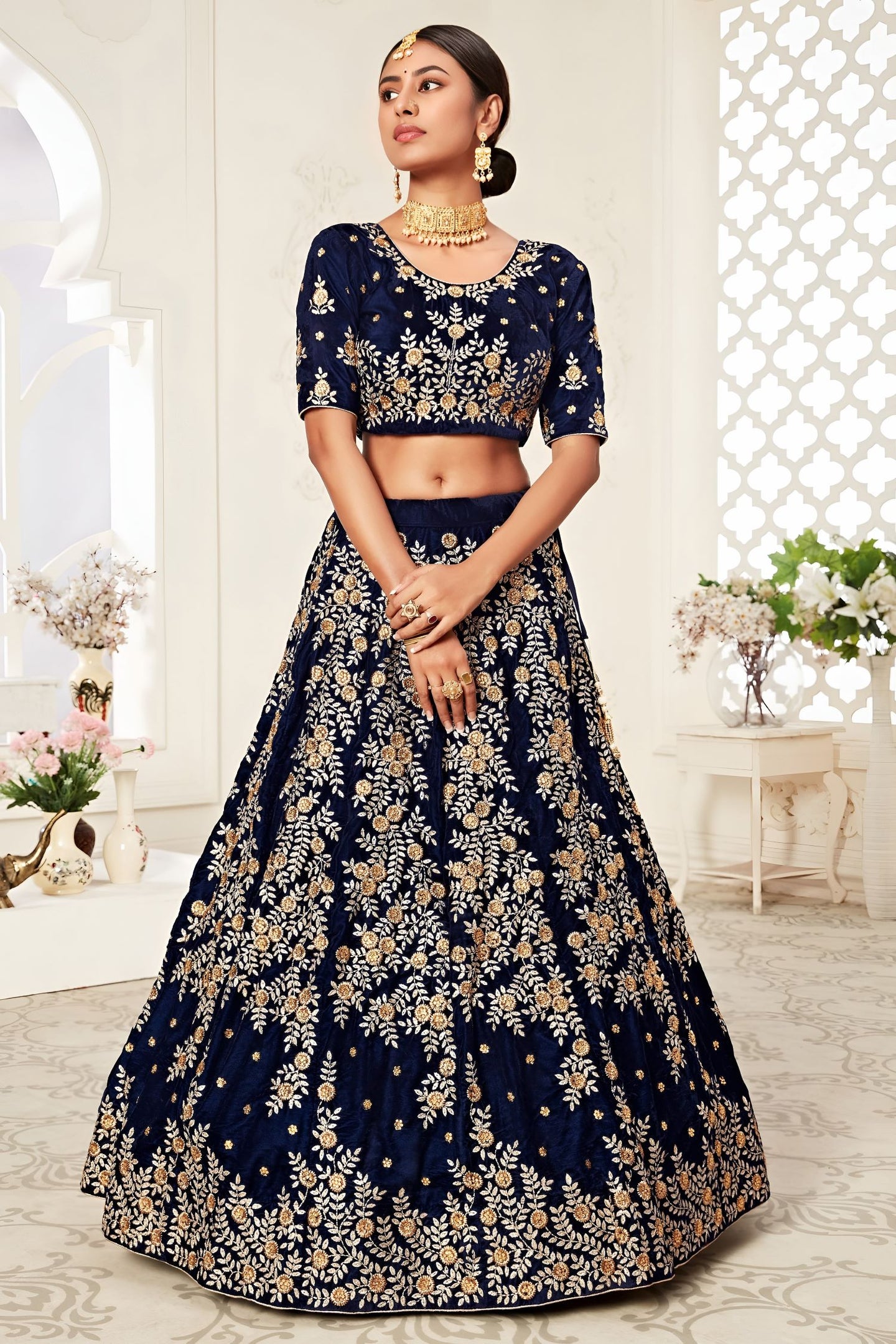 Navy Blue Velvet Ghagra Choli with Zari and Thread Work