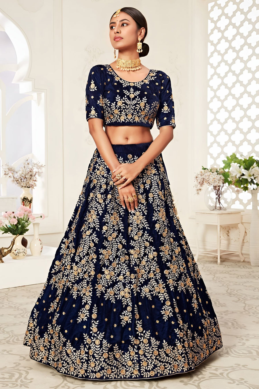 Navy Blue Velvet Ghagra Choli with Zari and Thread Work