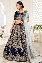 Navy Blue Velvet Ghagra Choli with Zari and Thread Work