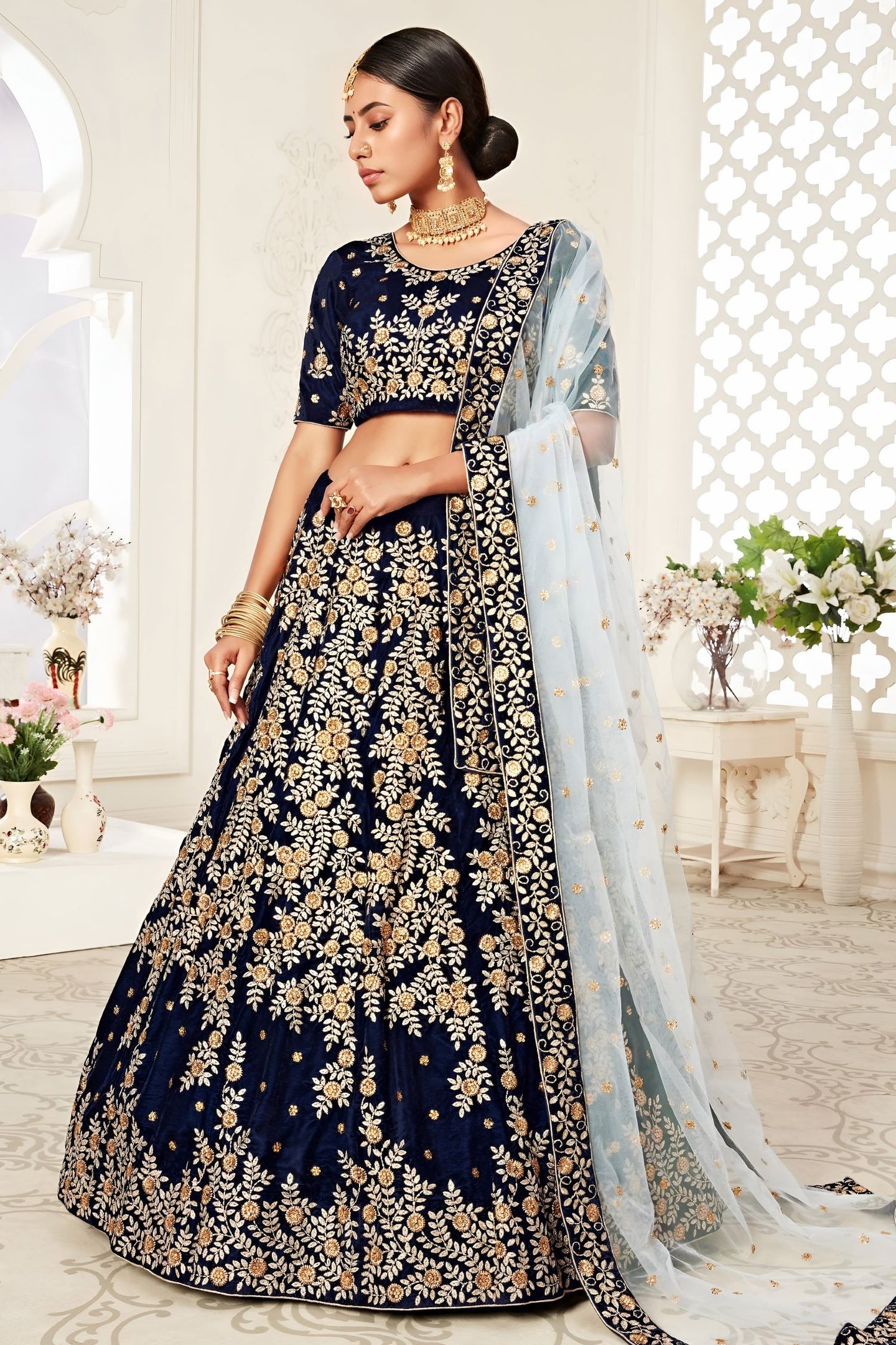 Navy Blue Velvet Ghagra Choli with Zari and Thread Work