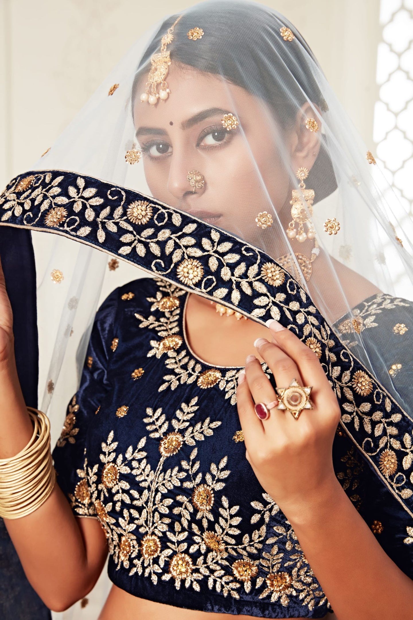 Navy Blue Velvet Ghagra Choli with Zari and Thread Work