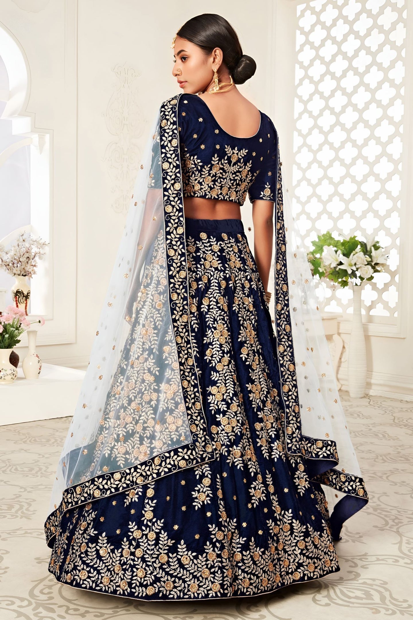 Navy Blue Velvet Ghagra Choli with Zari and Thread Work