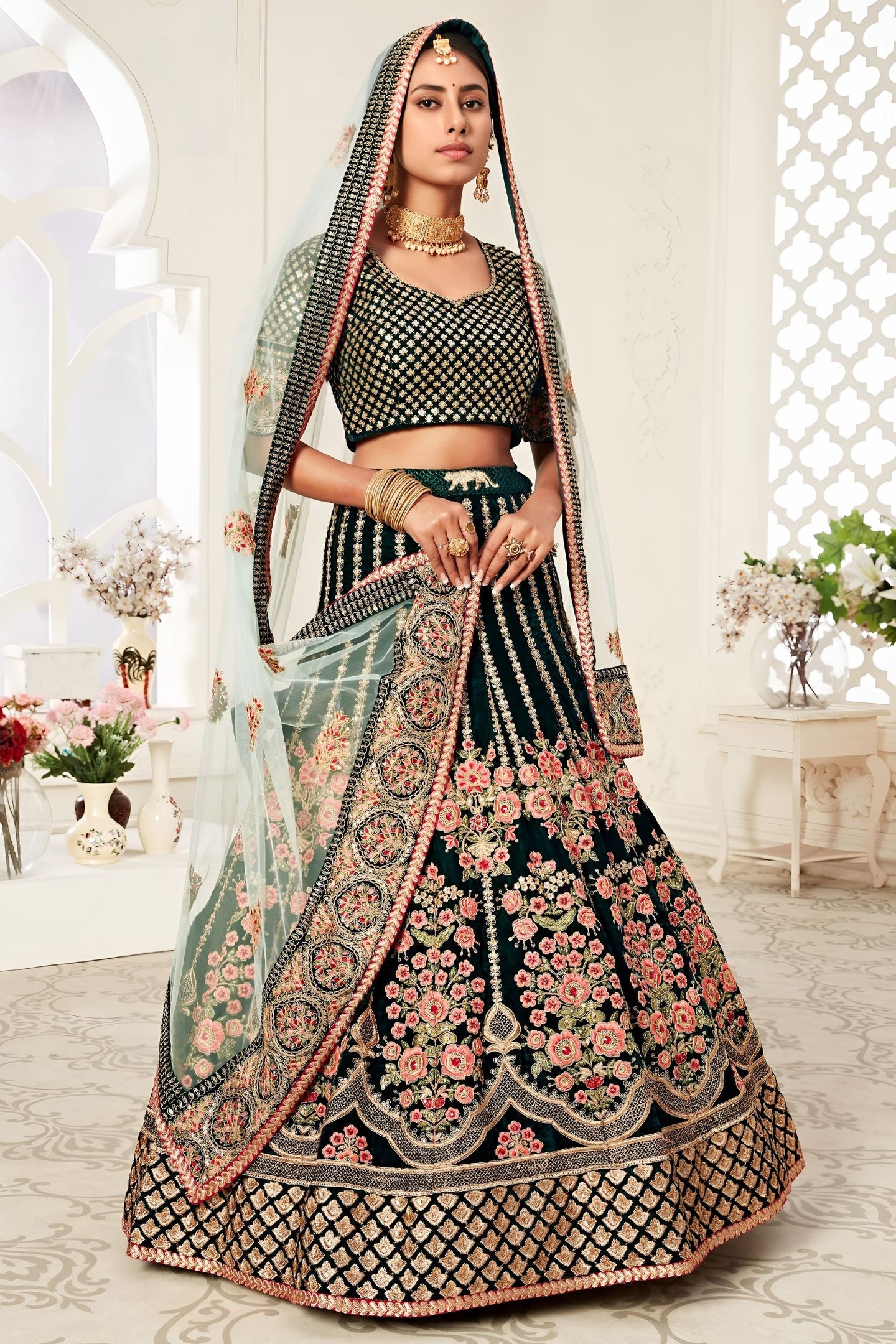 Bottle Green Velvet Chaniya Choli with Zari and Sequin Work
