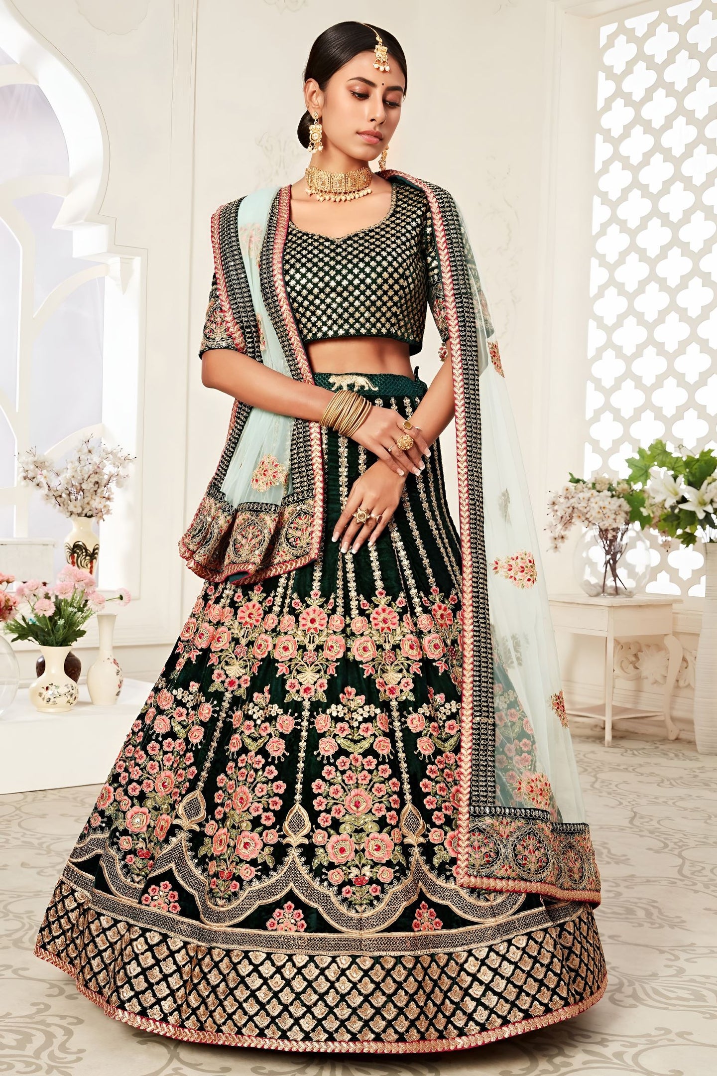 Bottle Green Velvet Chaniya Choli with Zari and Sequin Work