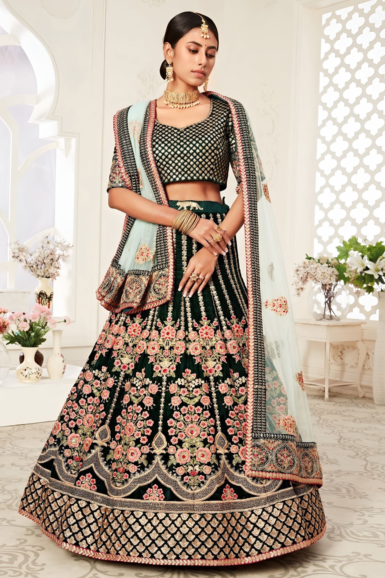 Bottle Green Velvet Chaniya Choli with Zari and Sequin Work