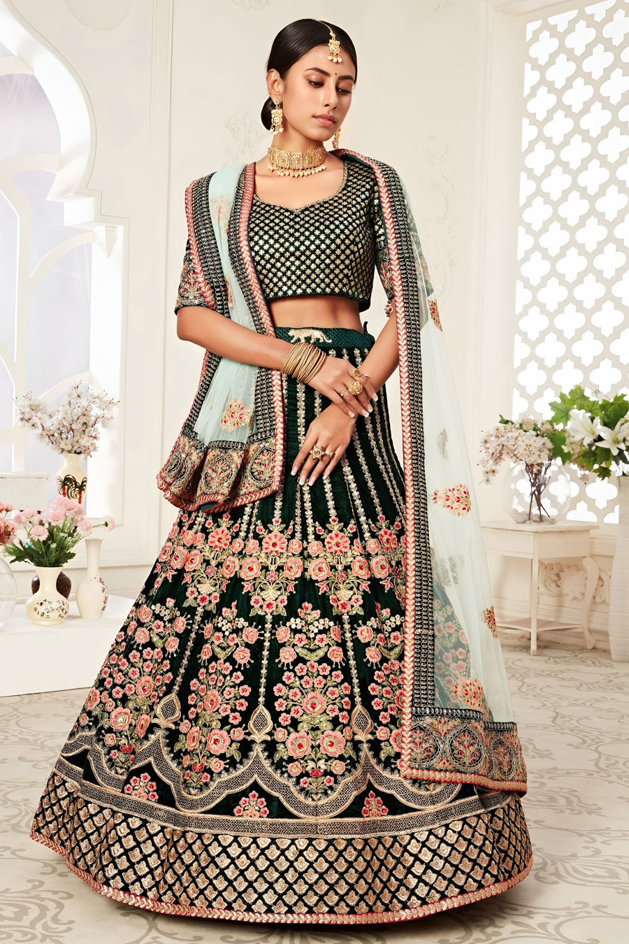 Bottle Green Velvet Chaniya Choli with Zari and Sequin Work