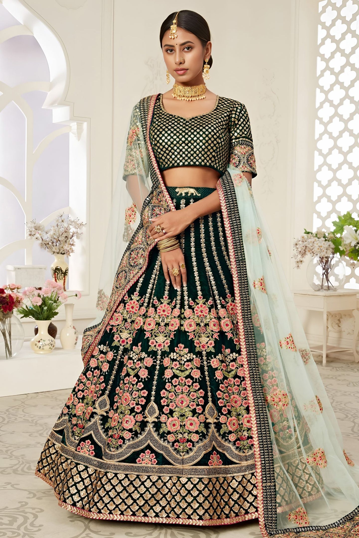 Bottle Green Velvet Chaniya Choli with Zari and Sequin Work