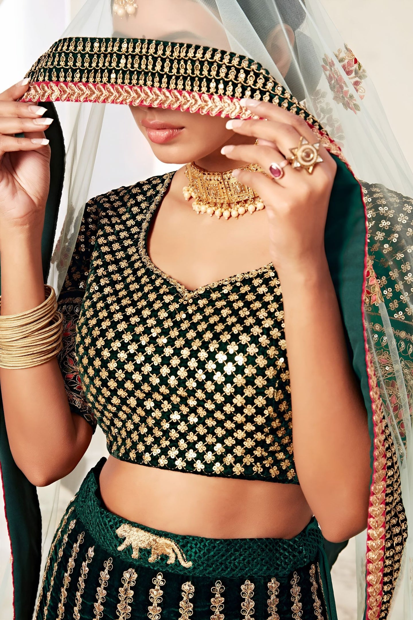 Bottle Green Velvet Chaniya Choli with Zari and Sequin Work