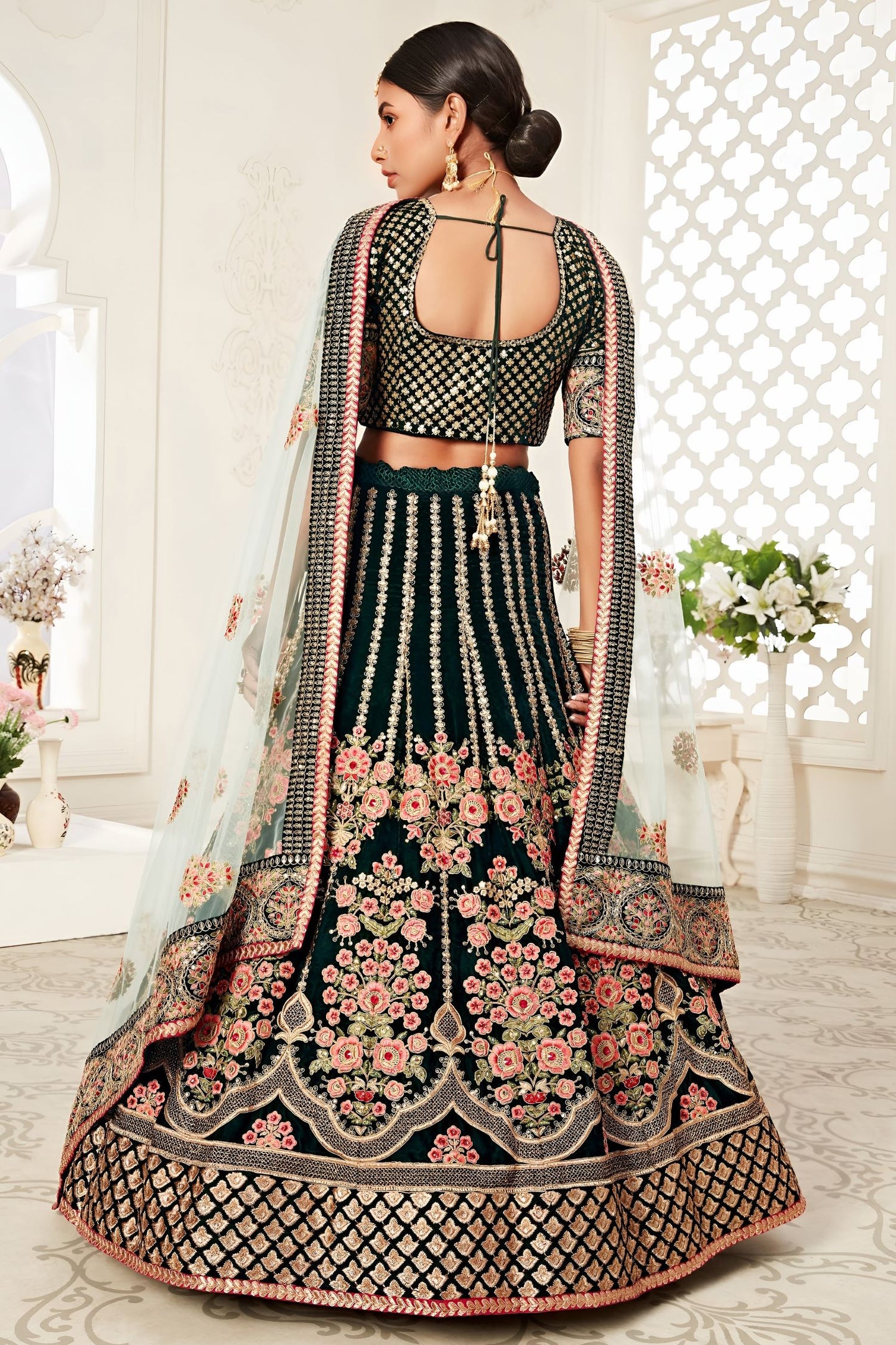 Bottle Green Velvet Chaniya Choli with Zari and Sequin Work