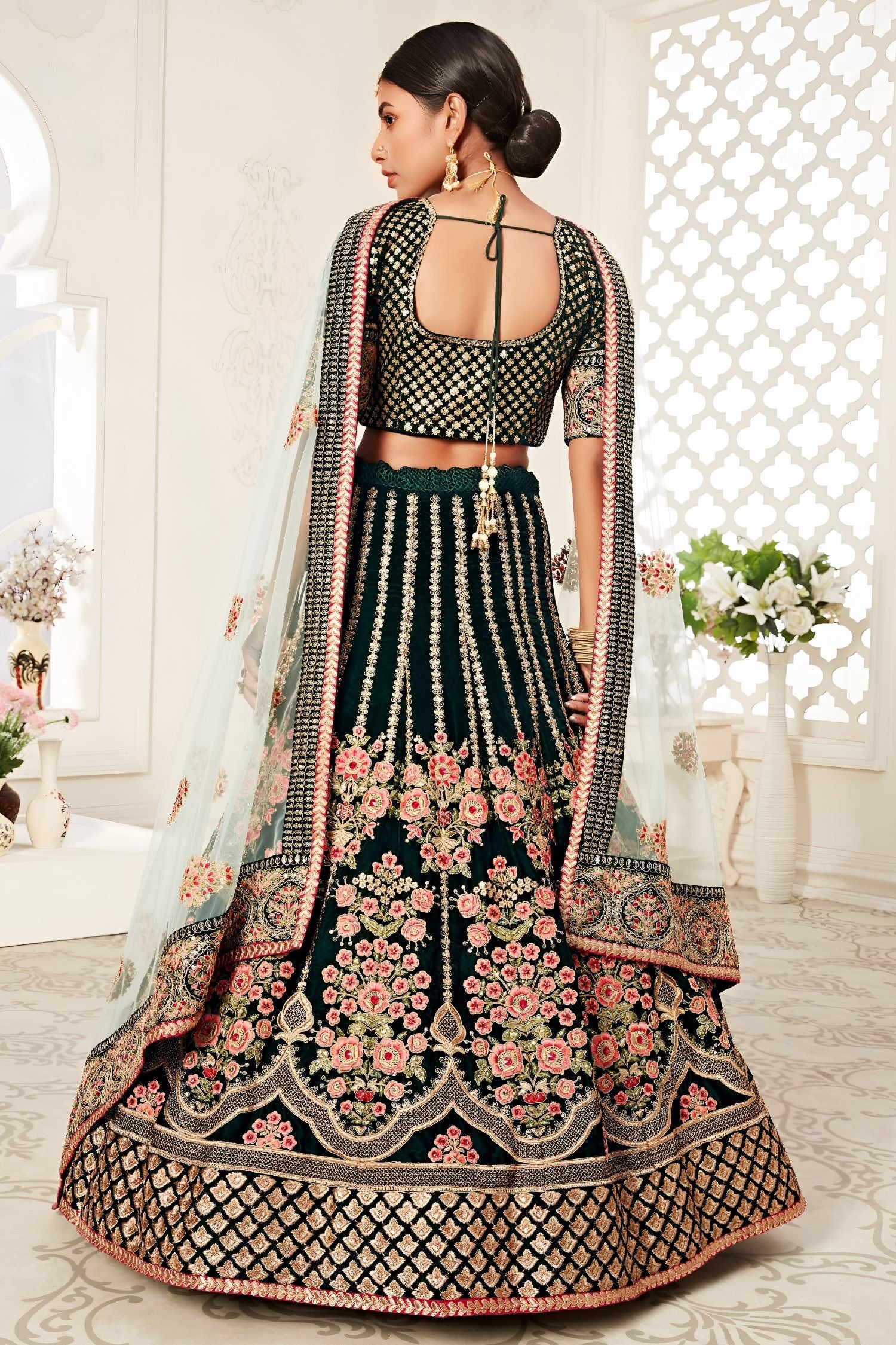Bottle Green Velvet Chaniya Choli with Zari and Sequin Work