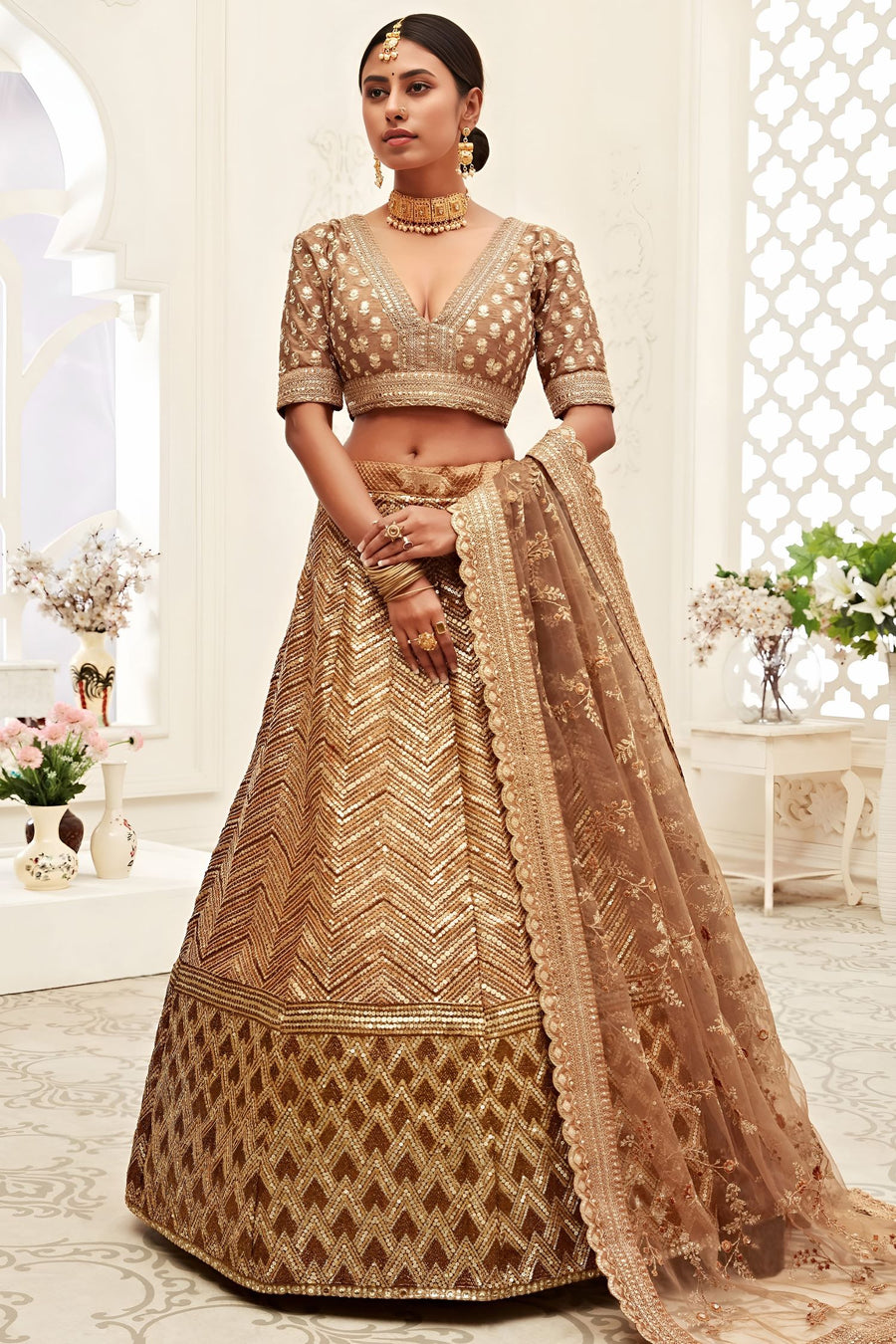 Gold Slub Silk Chaniya Choli with Zari and Sequins Embroidery
