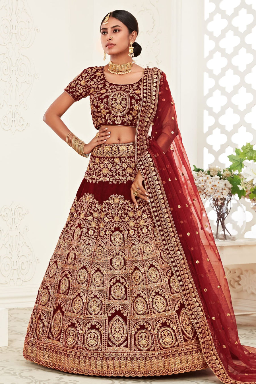 Maroon Velvet Chaniya Choli with Zari and Sequin Embroidery