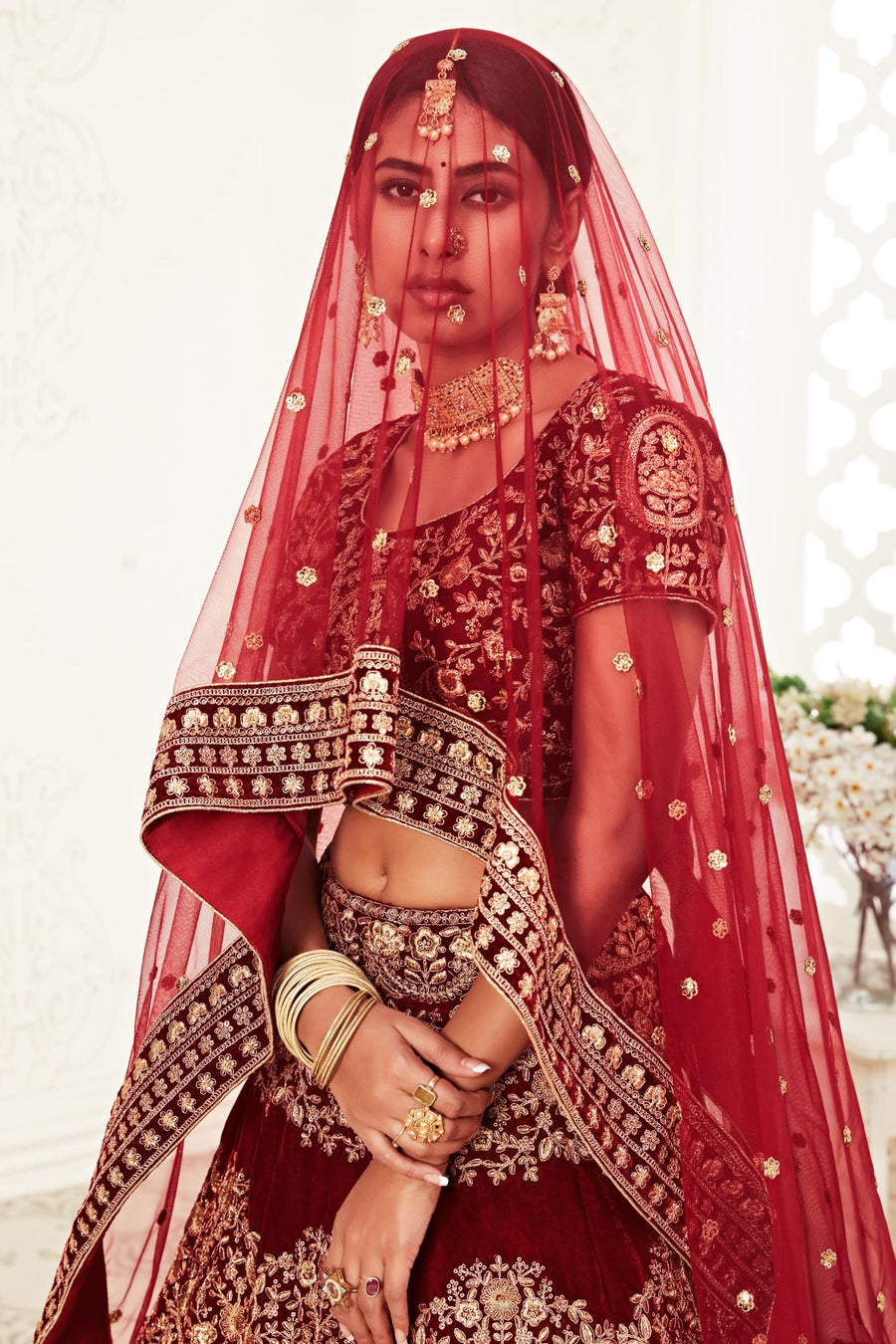 Maroon Velvet Chaniya Choli with Zari and Sequin Embroidery