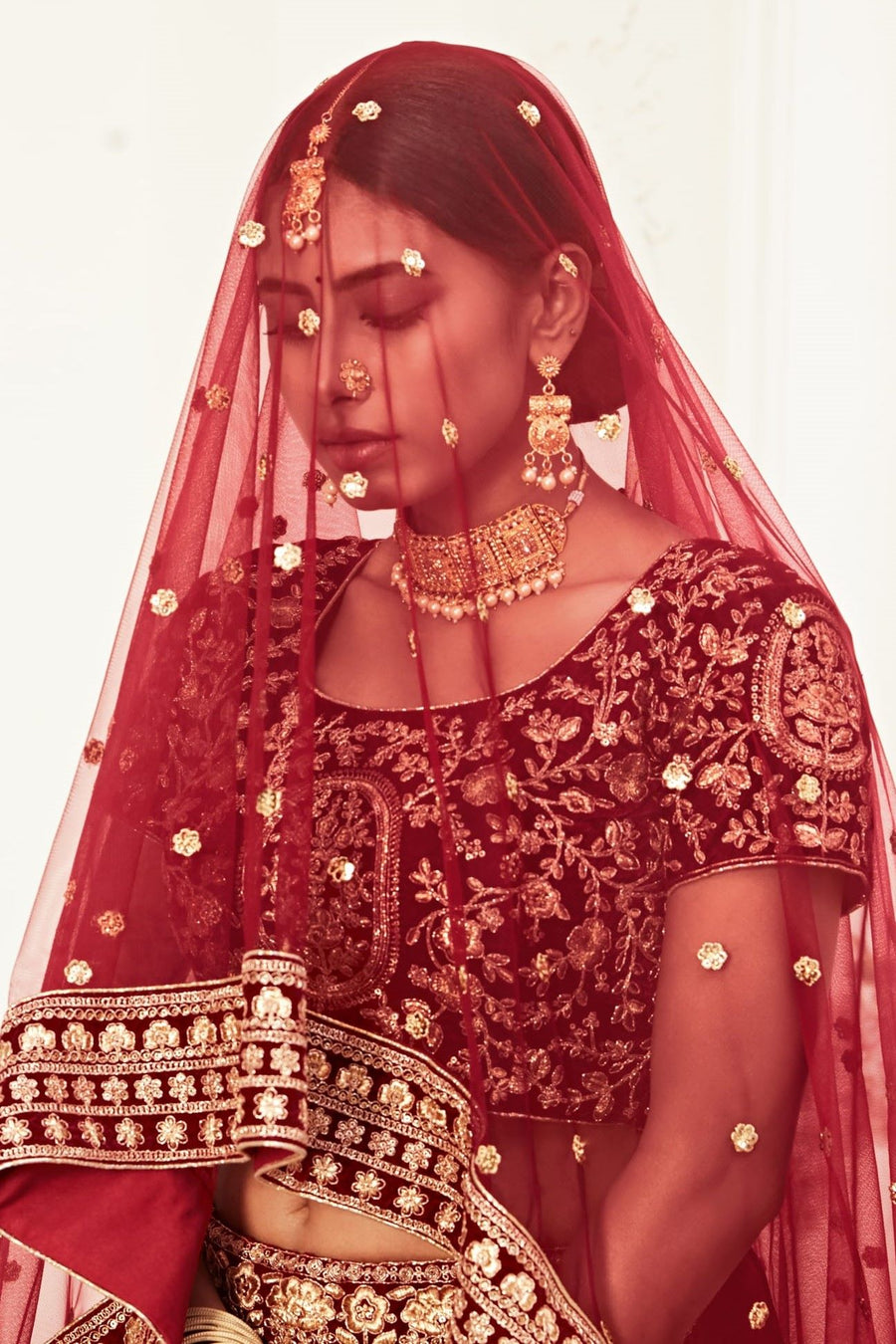 Maroon Velvet Chaniya Choli with Zari and Sequin Embroidery