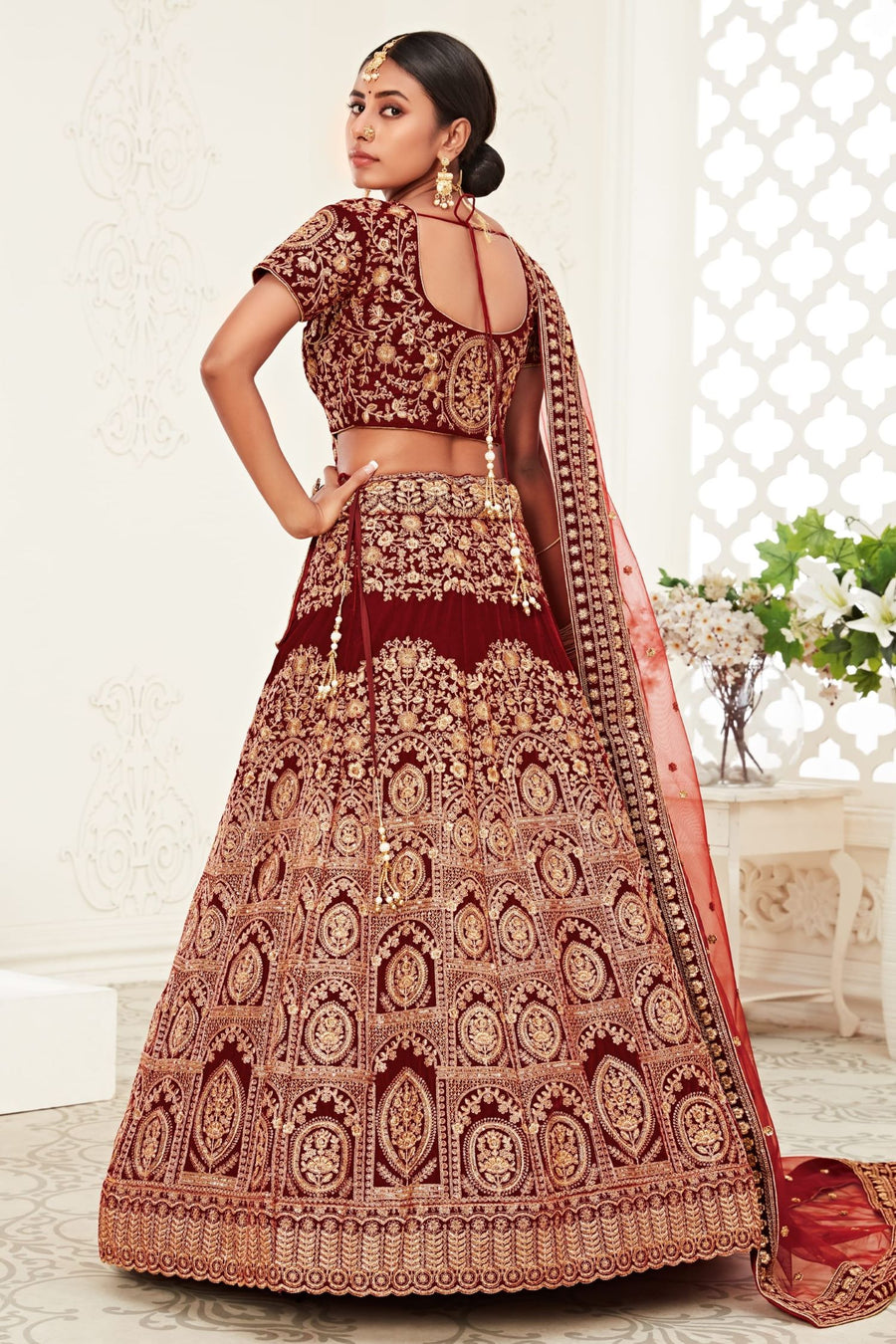 Maroon Velvet Chaniya Choli with Zari and Sequin Embroidery