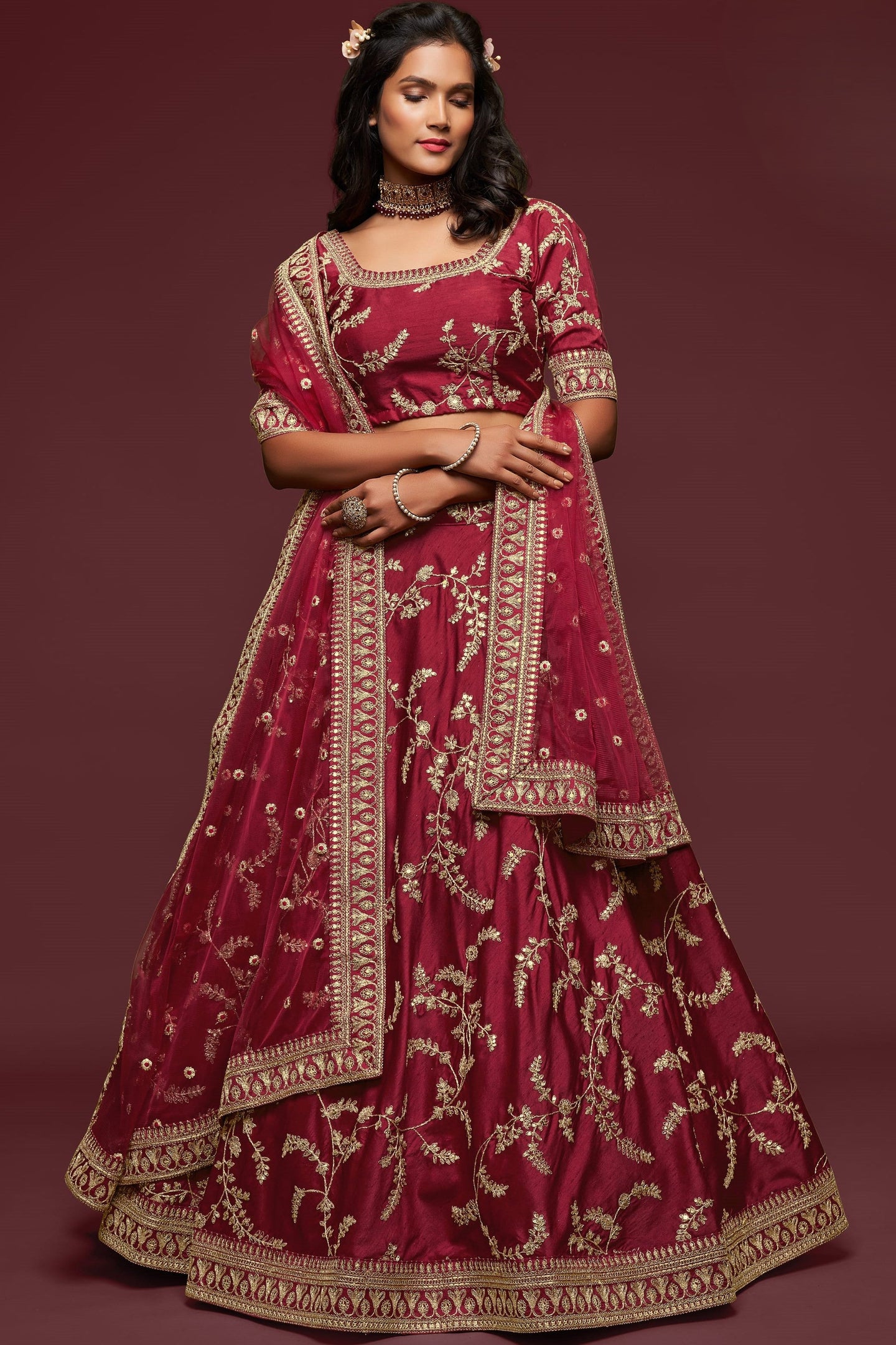 Maroon Embroidered Lehenga with Art Silk Dori Zari Work