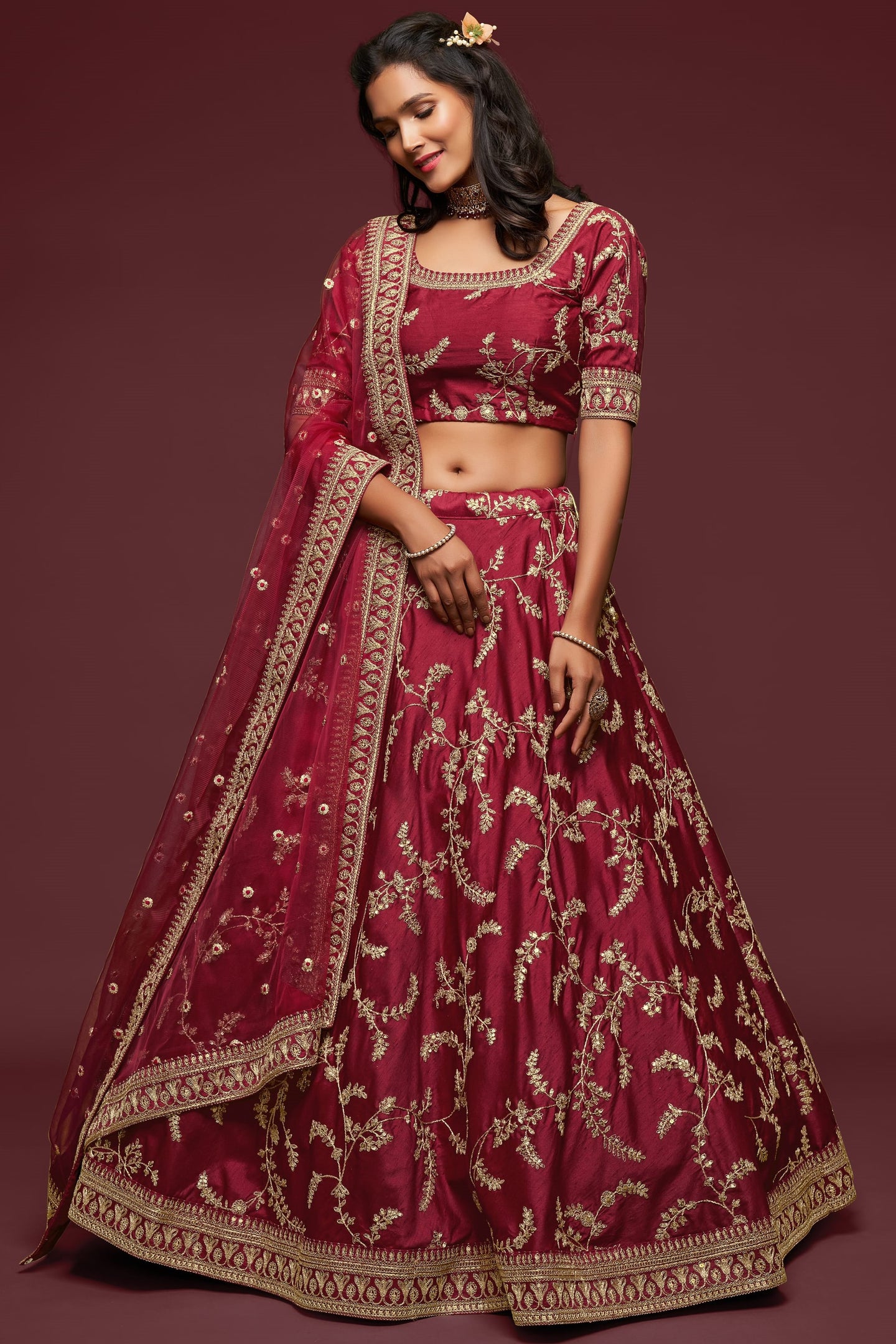 Maroon Embroidered Lehenga with Art Silk Dori Zari Work