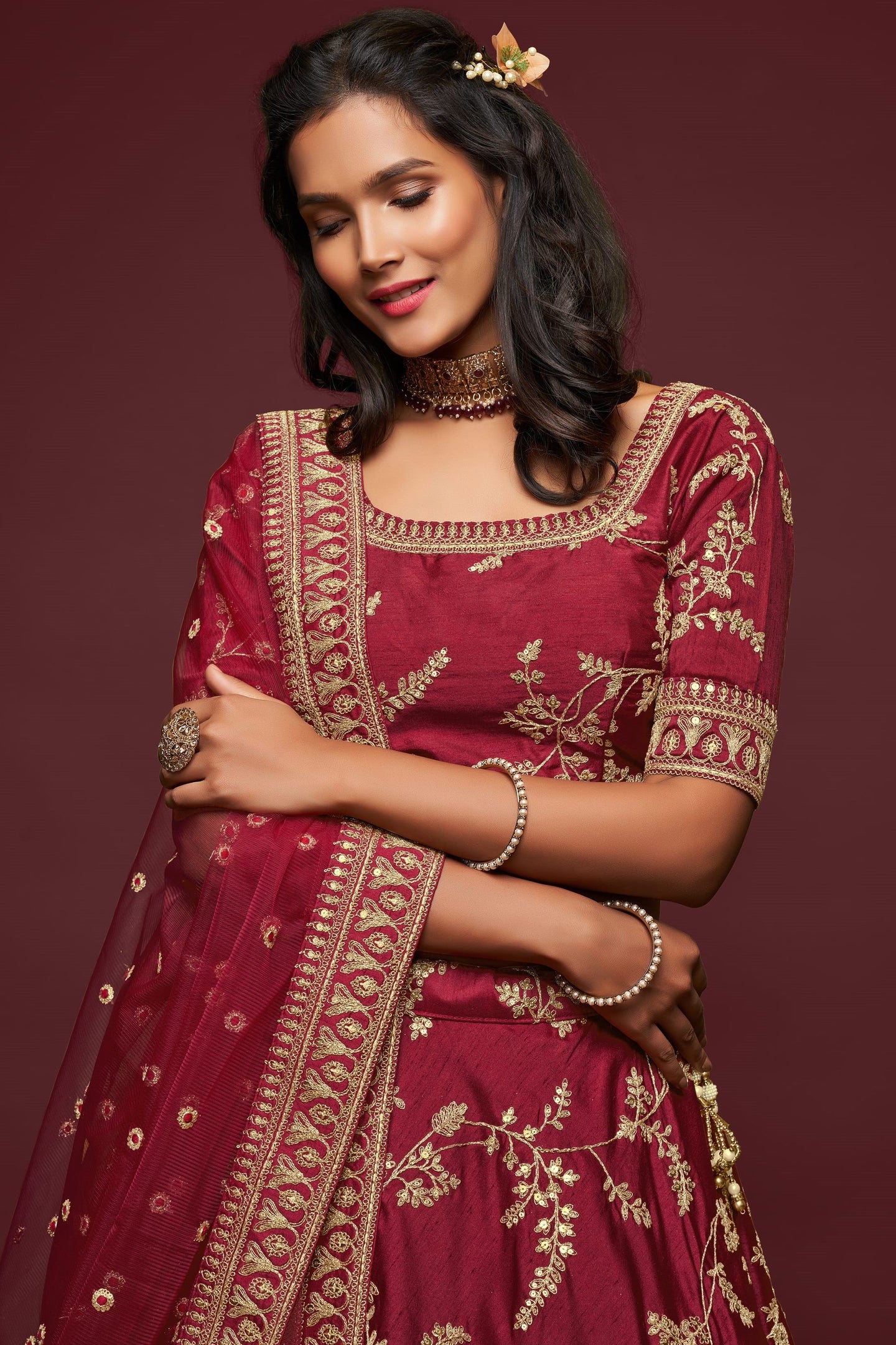 Maroon Embroidered Lehenga with Art Silk Dori Zari Work