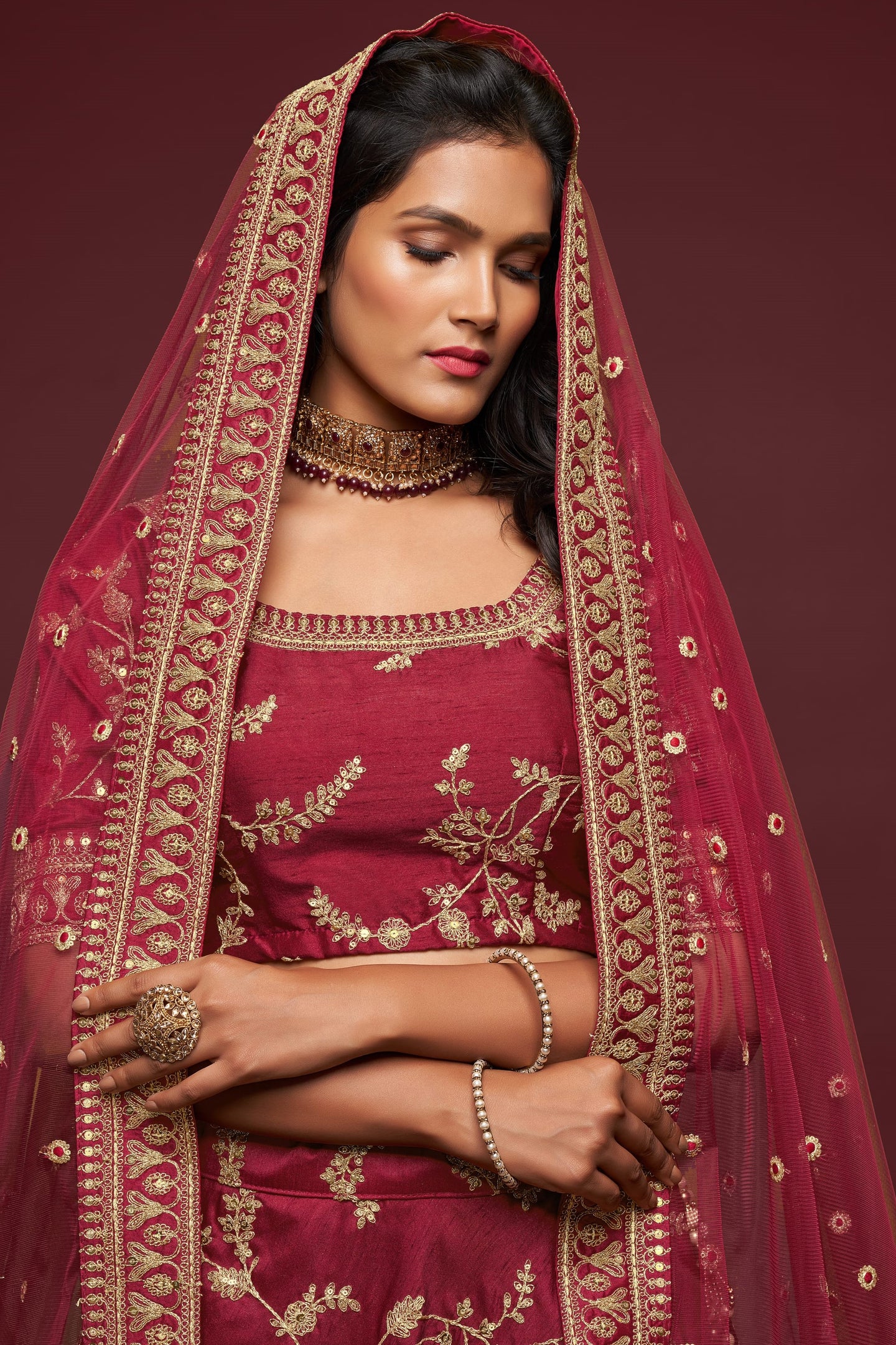 Maroon Embroidered Lehenga with Art Silk Dori Zari Work