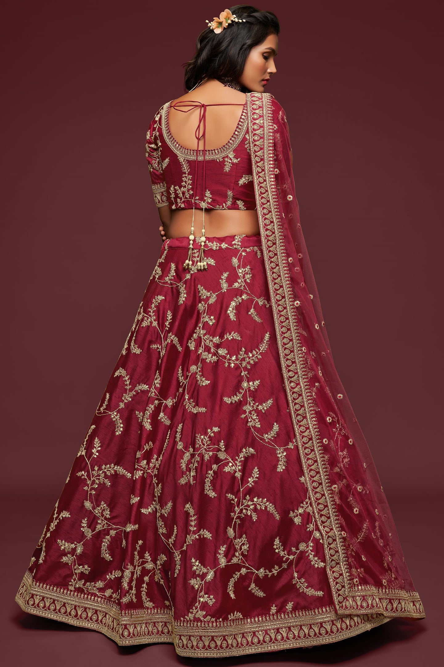 Maroon Embroidered Lehenga with Art Silk Dori Zari Work