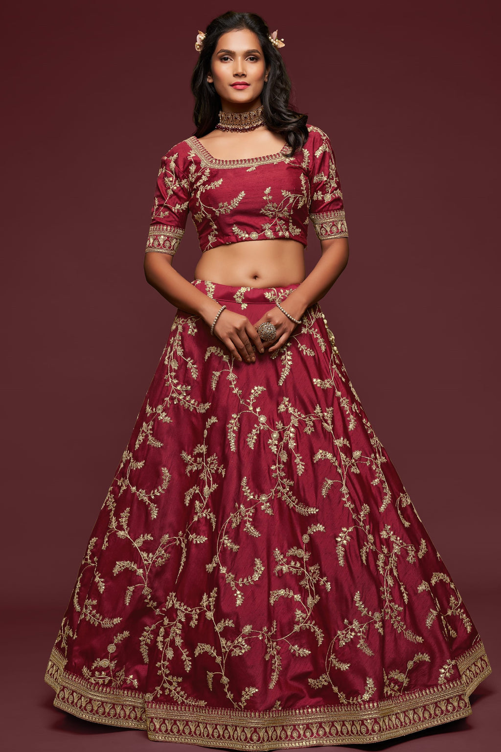 Maroon Embroidered Lehenga with Art Silk Dori Zari Work