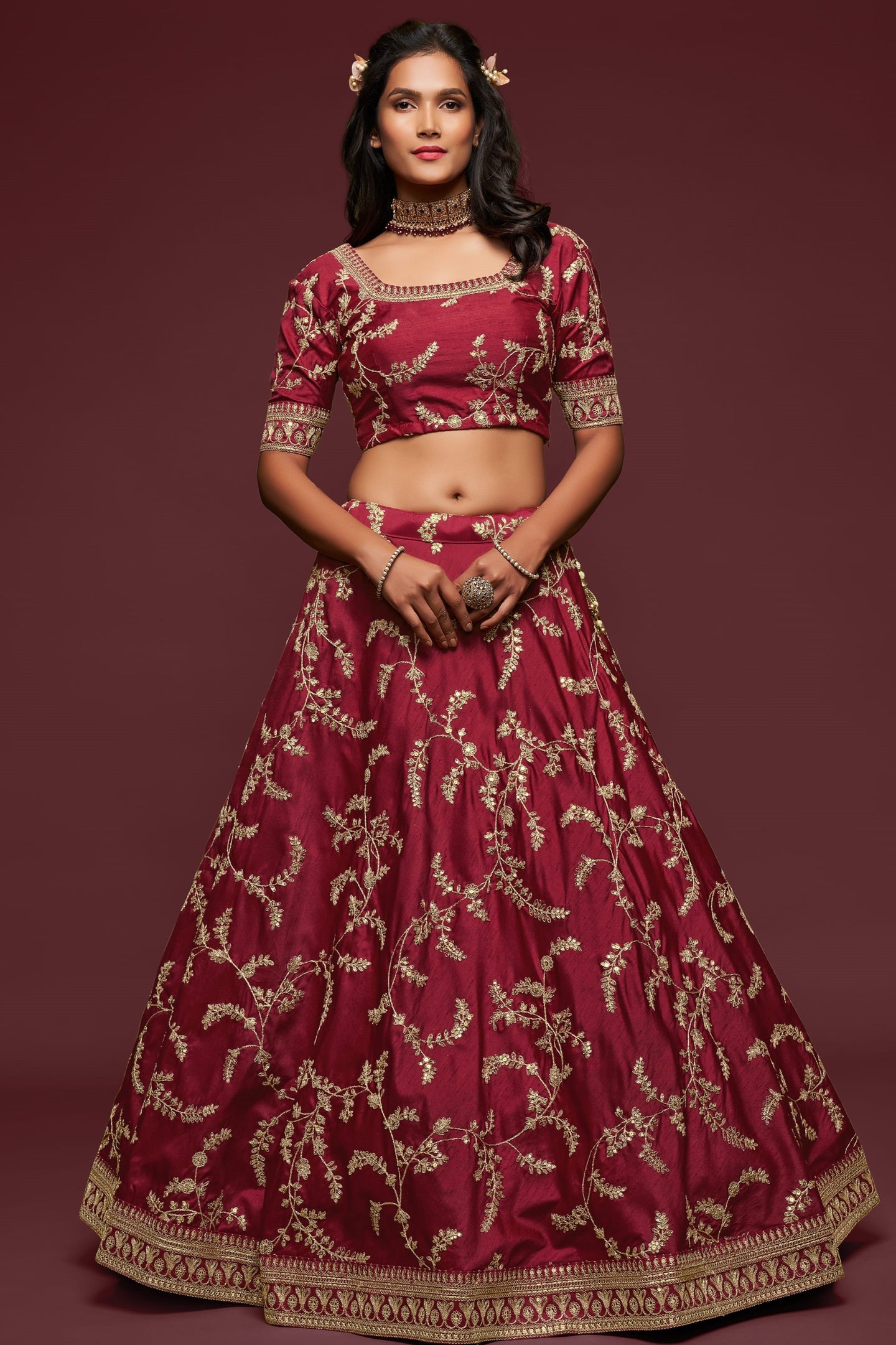 Maroon Embroidered Lehenga with Art Silk Dori Zari Work