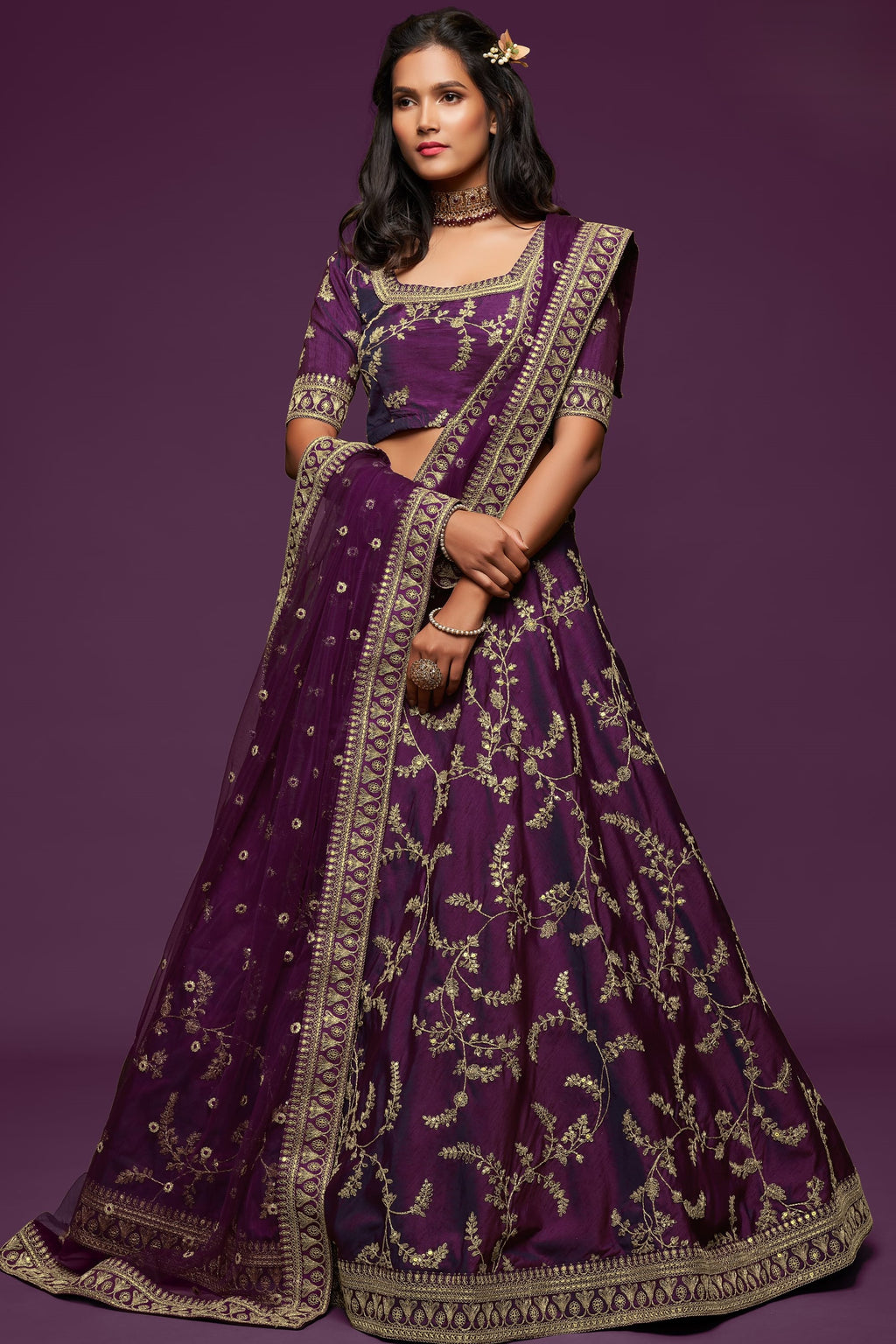 Purple Embroidered Lehenga with Art Silk Choli Zari Dori Work