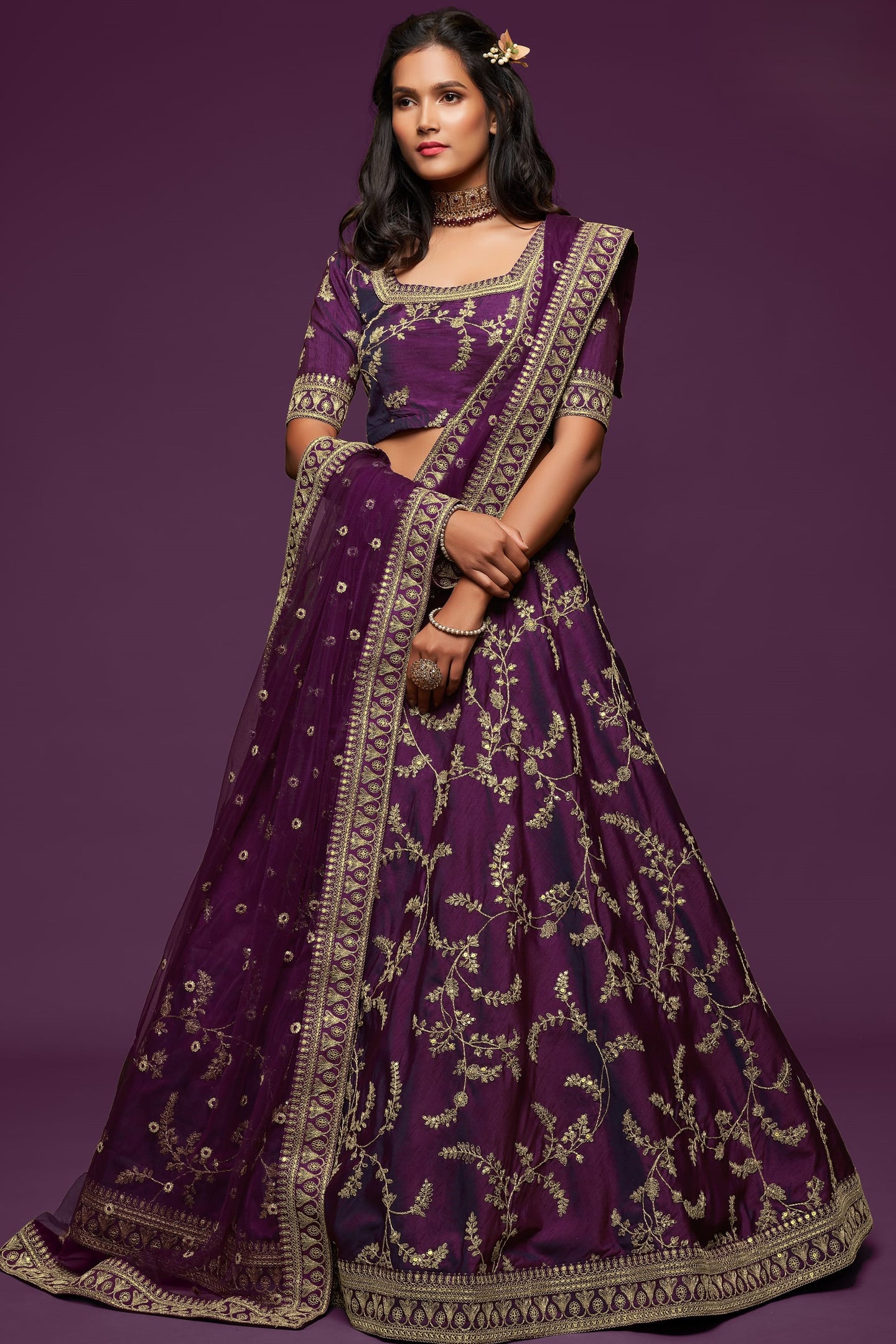 Purple Embroidered Lehenga with Art Silk Choli Zari Dori Work