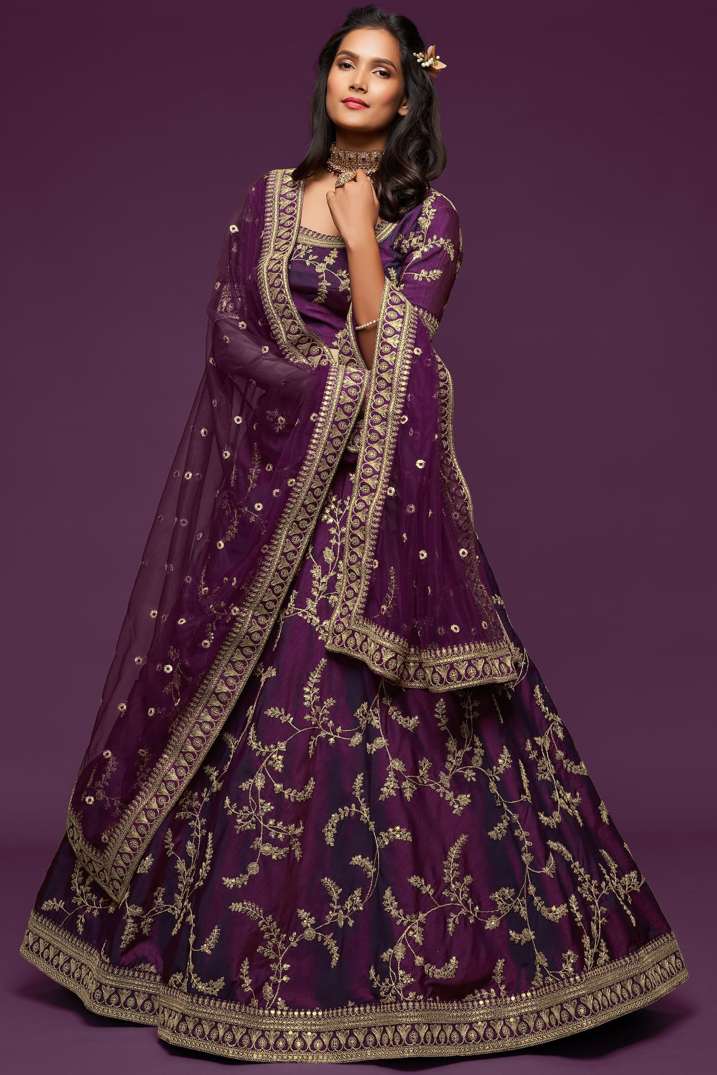 Purple Embroidered Lehenga with Art Silk Choli Zari Dori Work