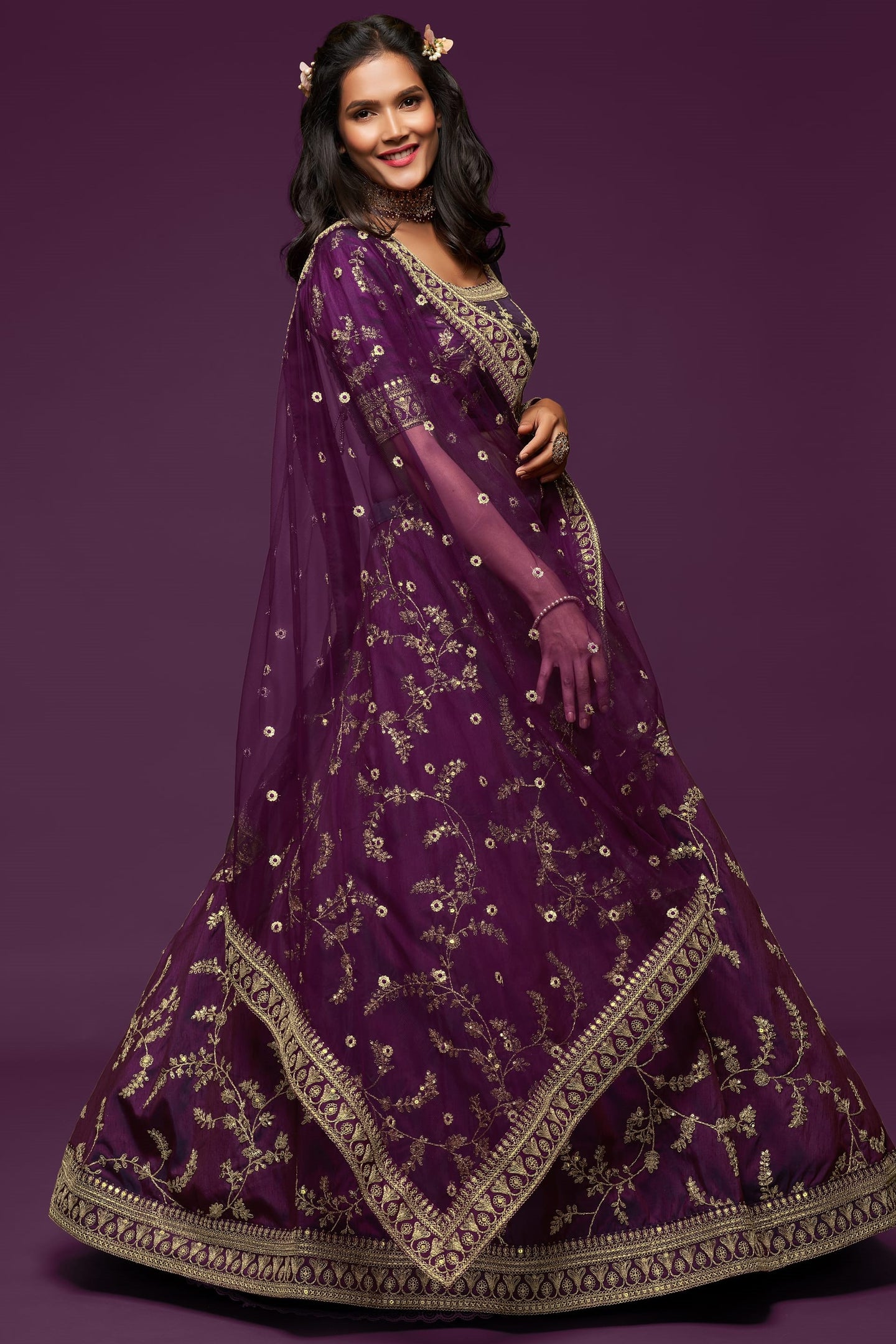 Purple Embroidered Lehenga with Art Silk Choli Zari Dori Work