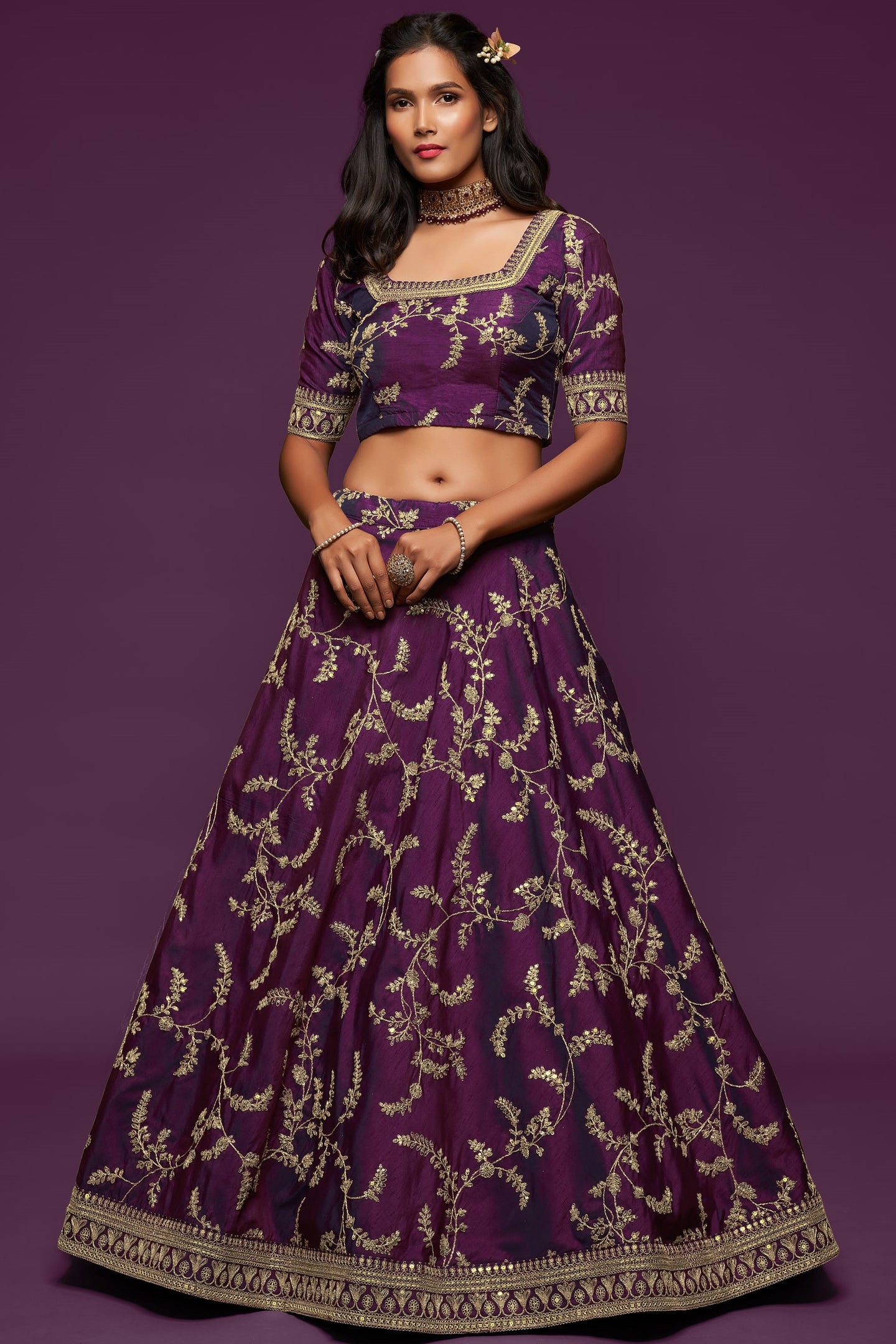 Purple Embroidered Lehenga with Art Silk Choli Zari Dori Work
