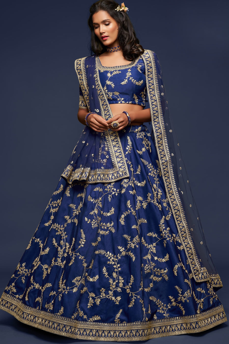 Navy Blue Embroidered Lehenga with Art Silk Choli