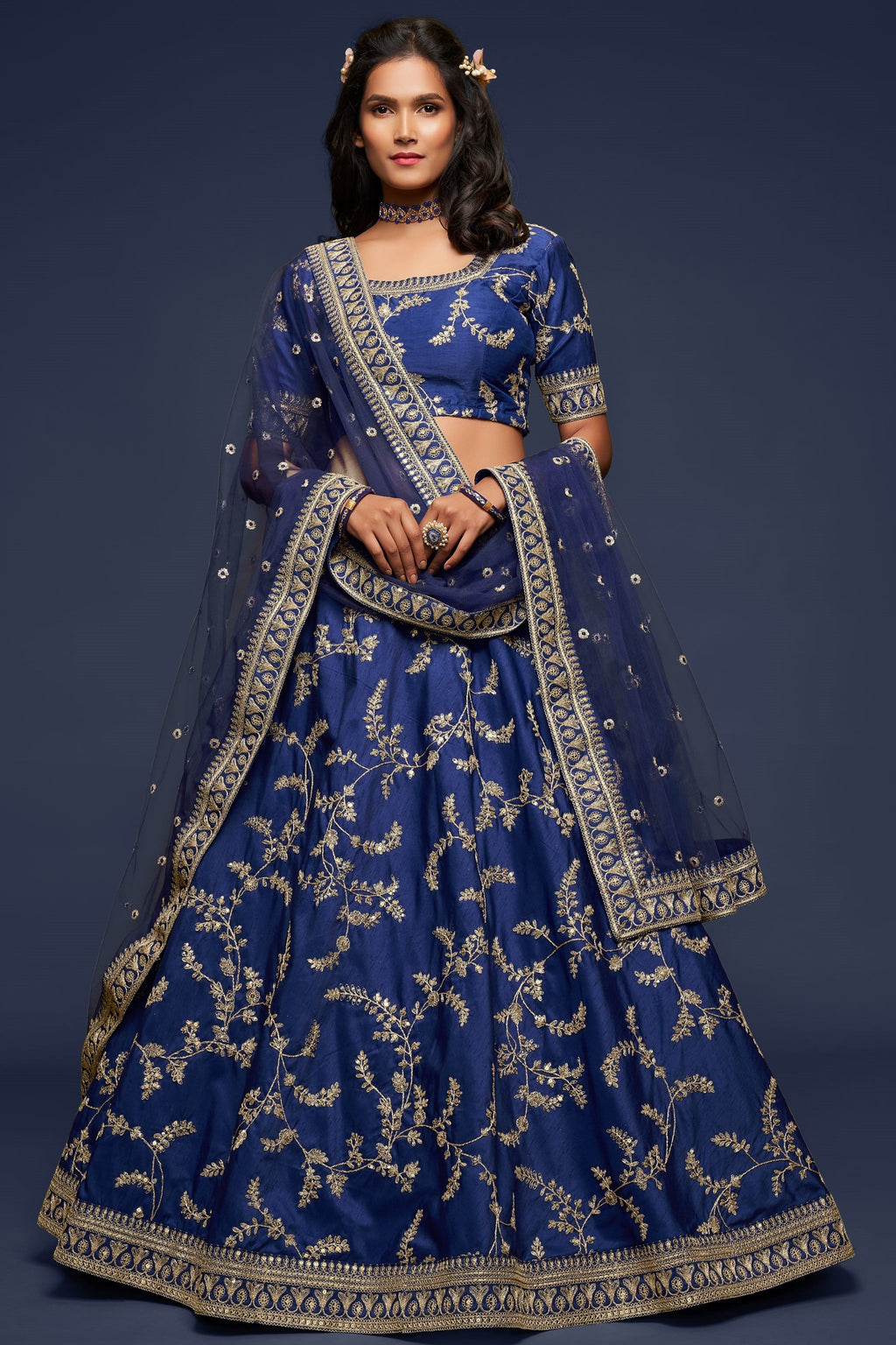Navy Blue Embroidered Lehenga with Art Silk Choli
