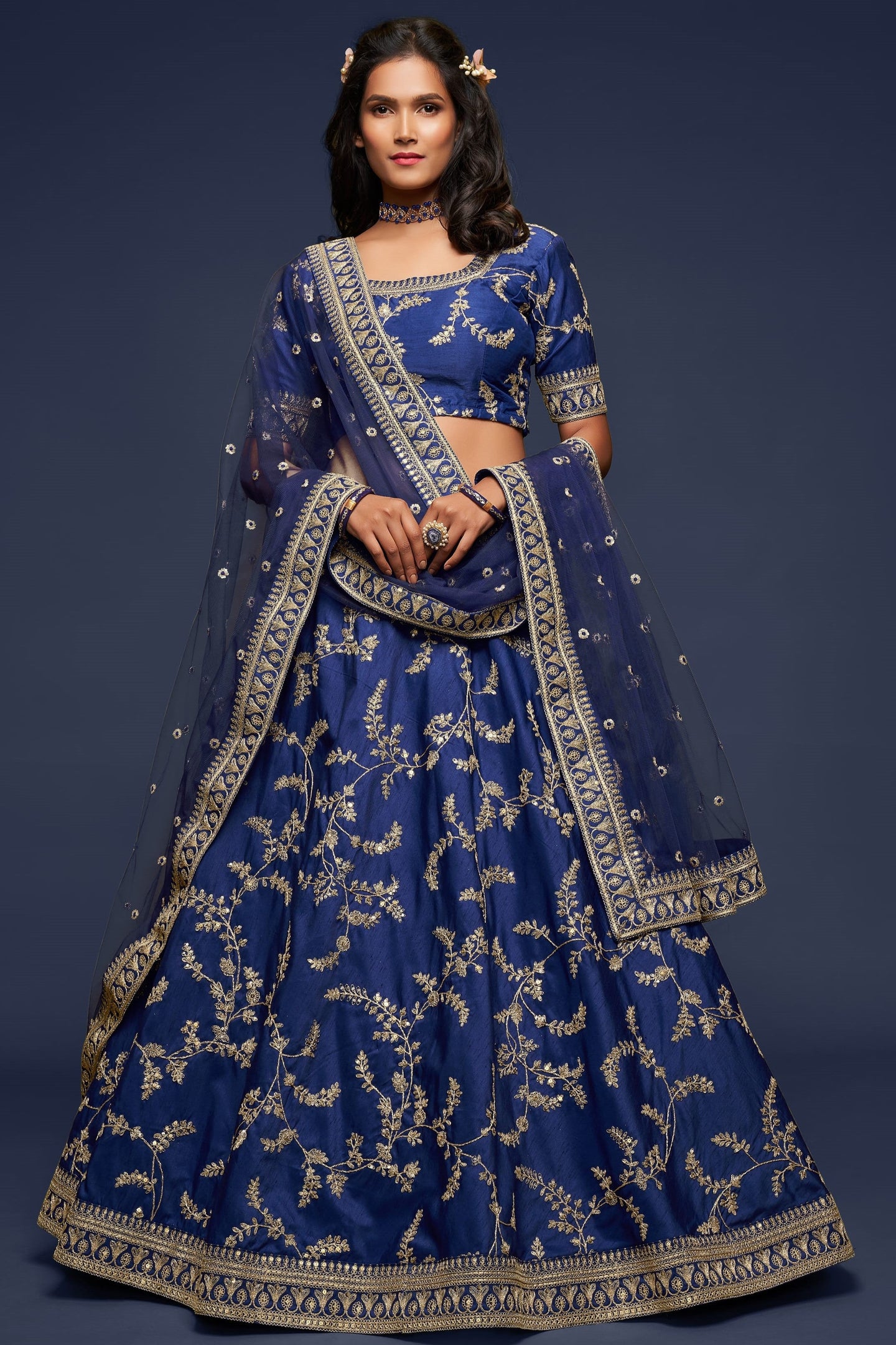 Navy Blue Embroidered Lehenga with Art Silk Choli