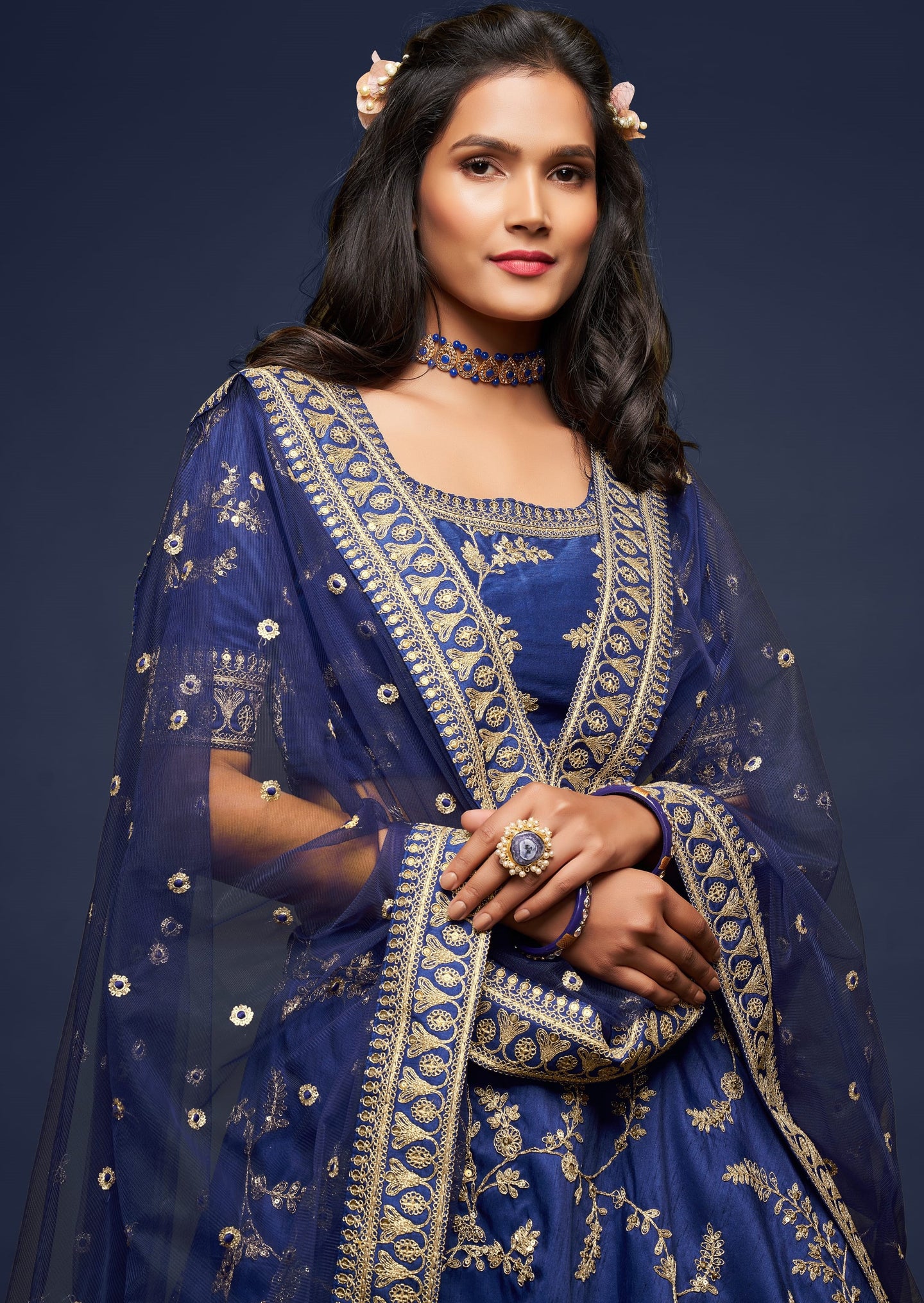 Navy Blue Embroidered Lehenga with Art Silk Choli