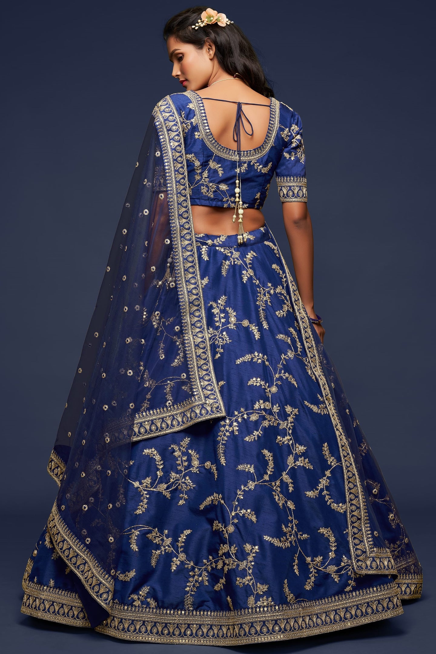 Navy Blue Embroidered Lehenga with Art Silk Choli