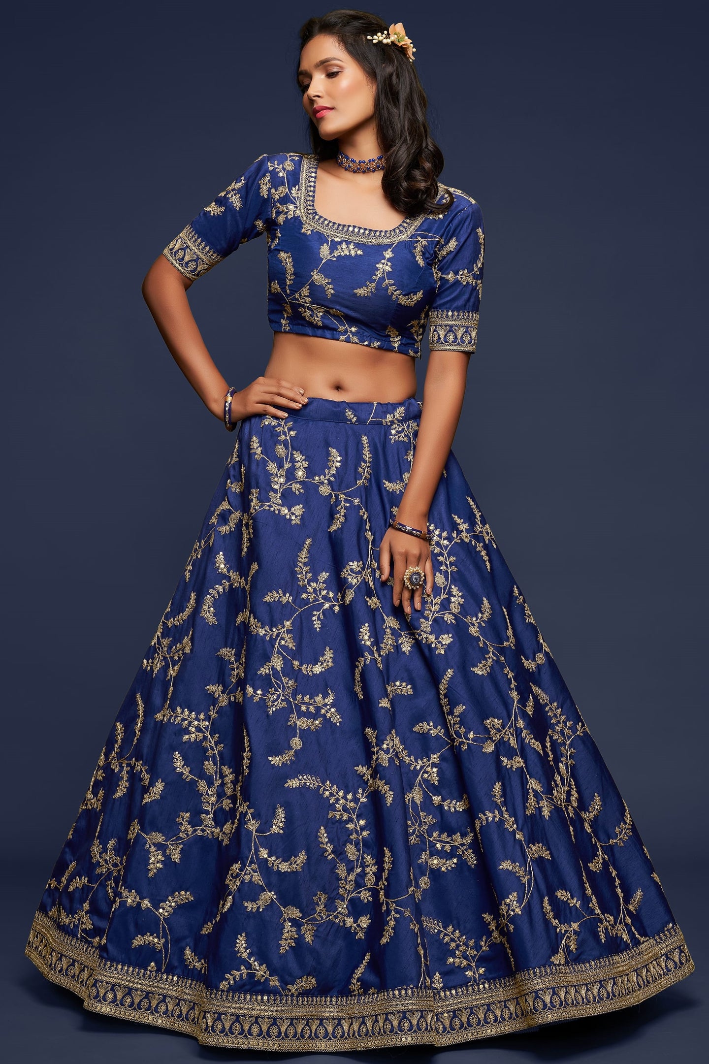 Navy Blue Embroidered Lehenga with Art Silk Choli