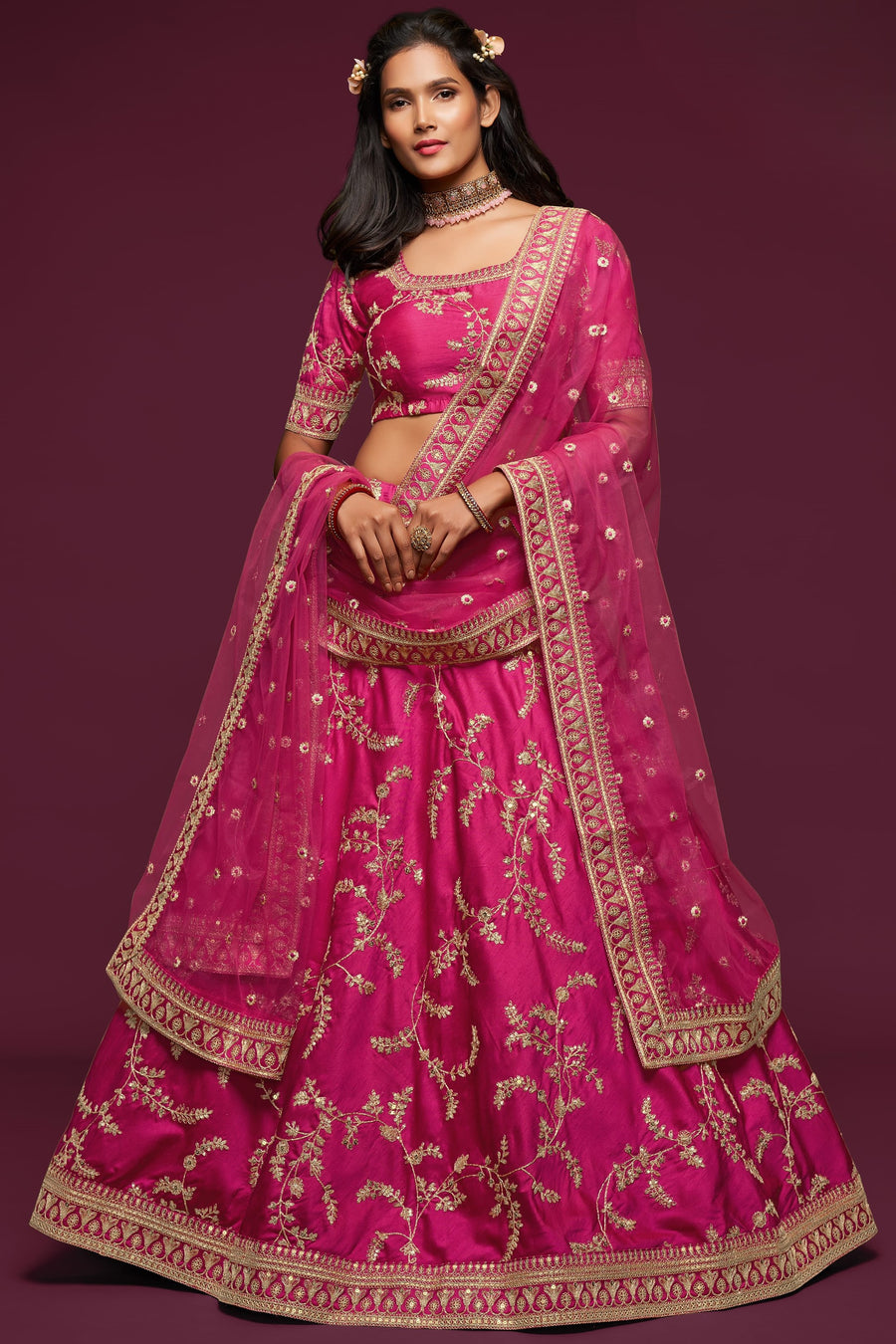 Embroidered Lehenga with Dark Pink Art Silk Dori Work