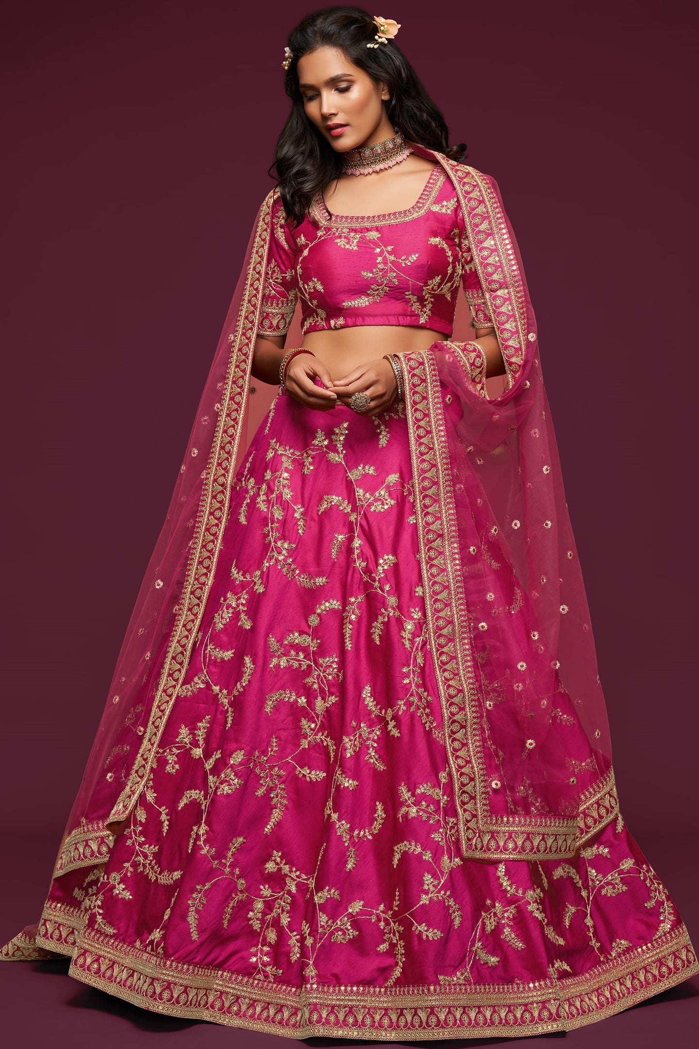 Embroidered Lehenga with Dark Pink Art Silk Dori Work