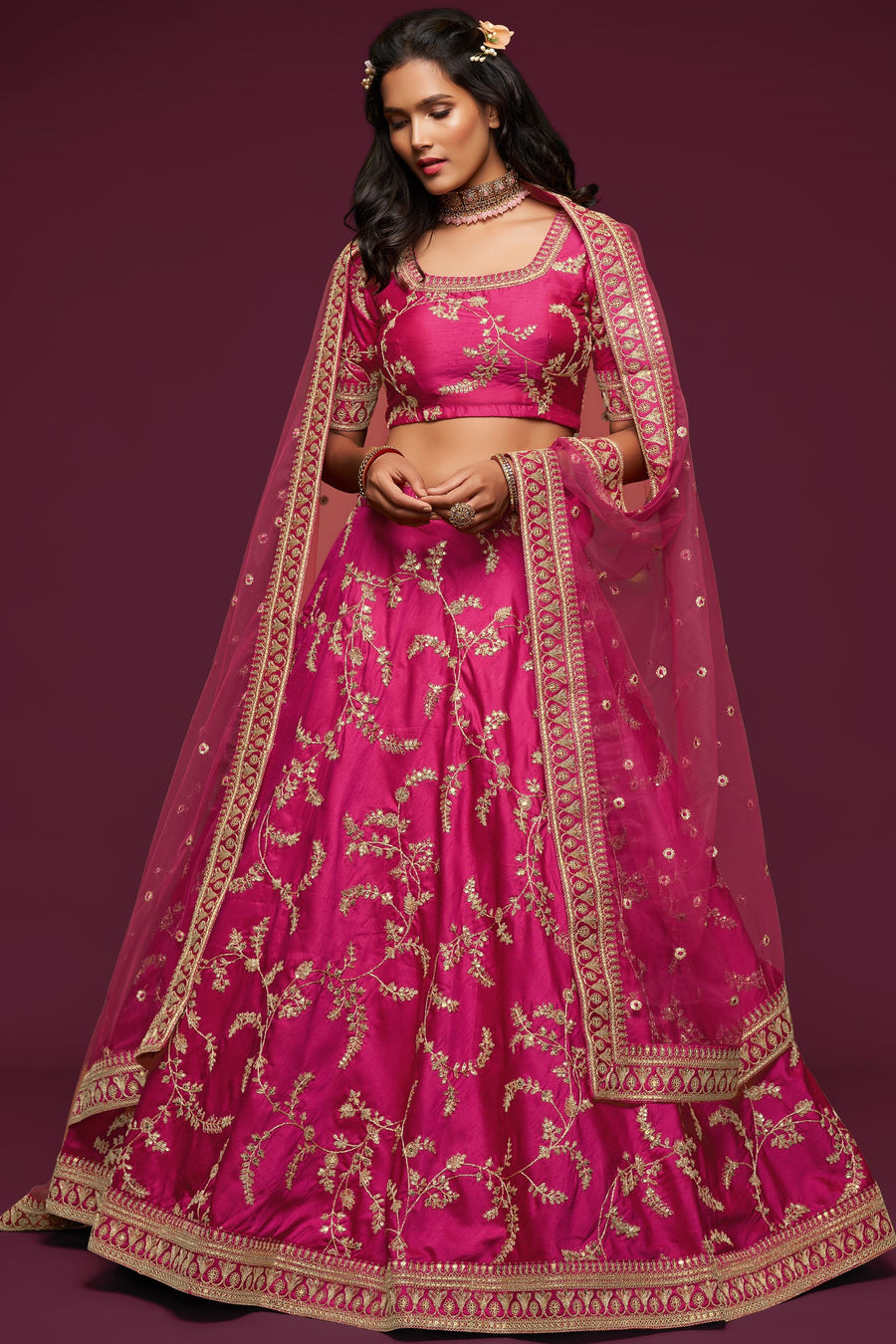 Embroidered Lehenga with Dark Pink Art Silk Dori Work
