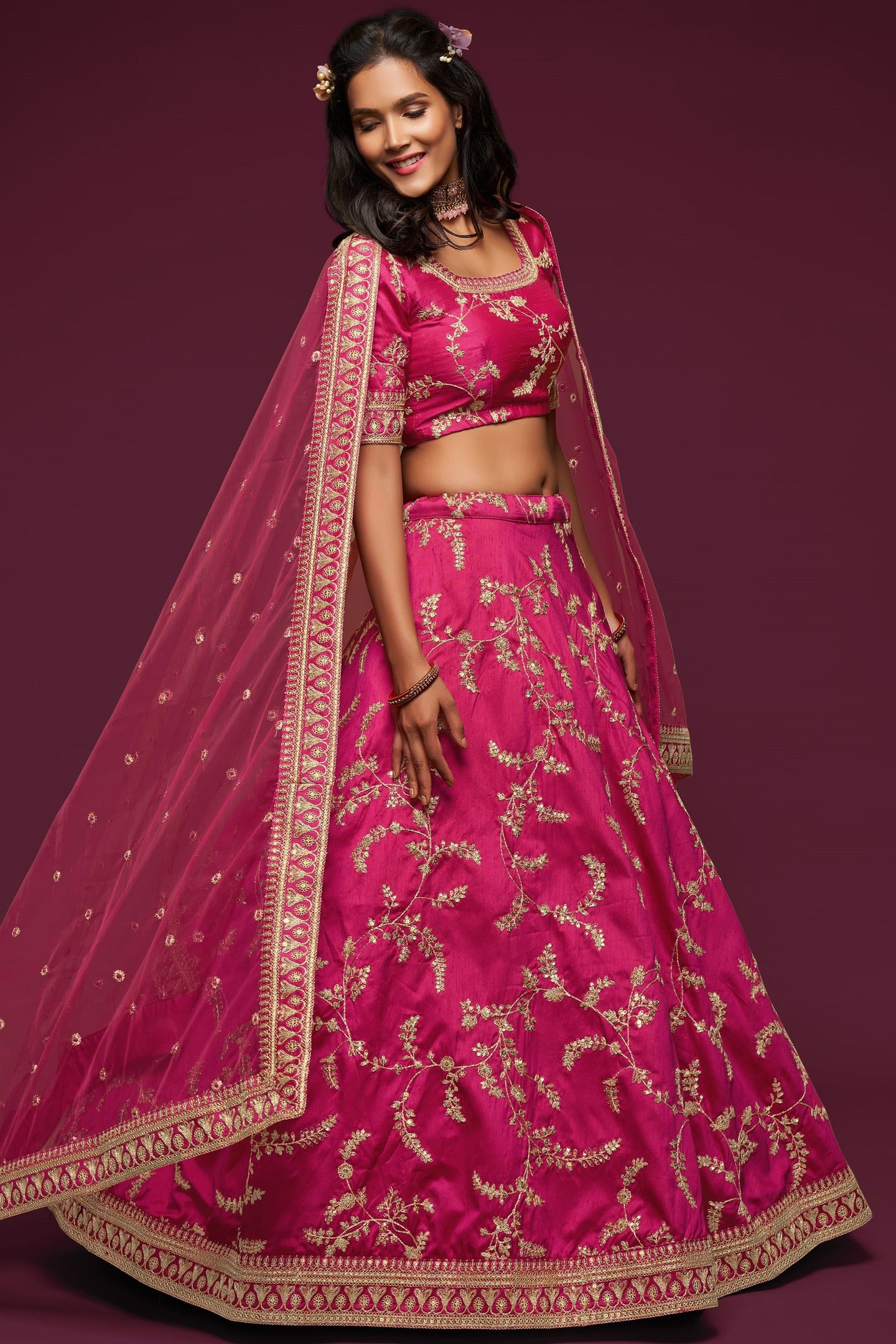 Embroidered Lehenga with Dark Pink Art Silk Dori Work