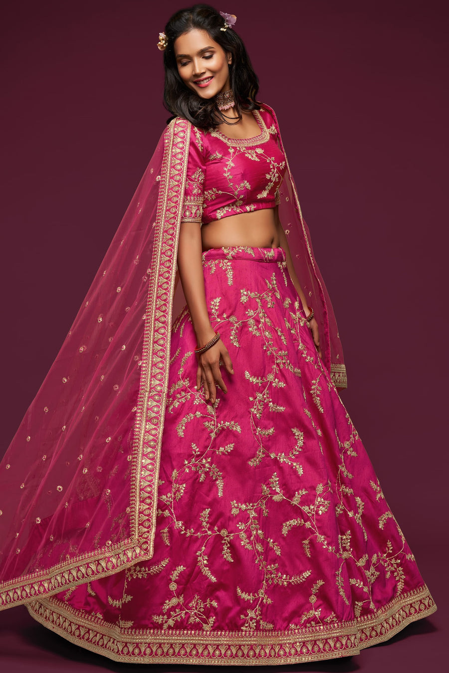 Embroidered Lehenga with Dark Pink Art Silk Dori Work